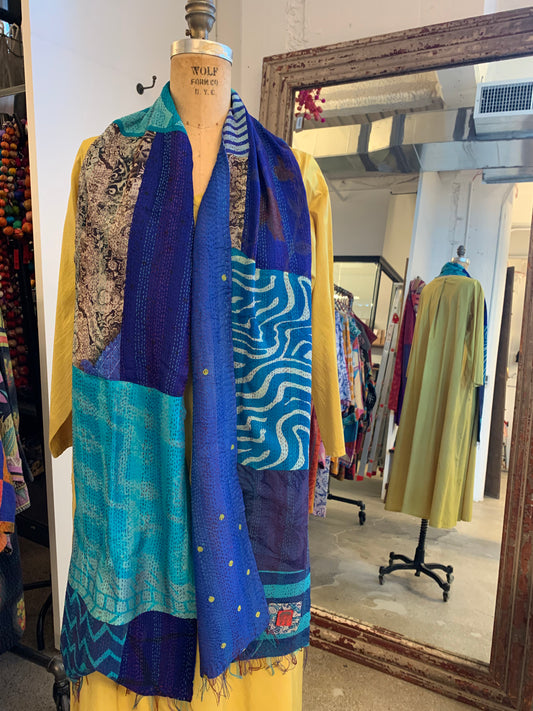 GEORGETTE VINTAGE SILK PATCH KANTHA SCARF SHORT - gs2805-blu -