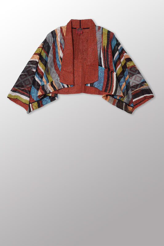 IKAT STRIPE KANTHA PUFF SLV. SHRUG - is4062-red -