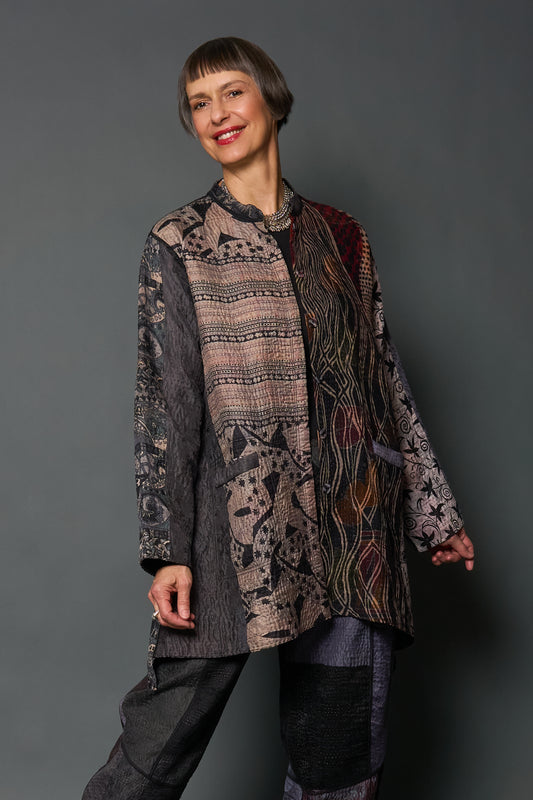 JACQUARD SILK KANTHA KAFTAN JACKET MEDIUM - js4089-blk -