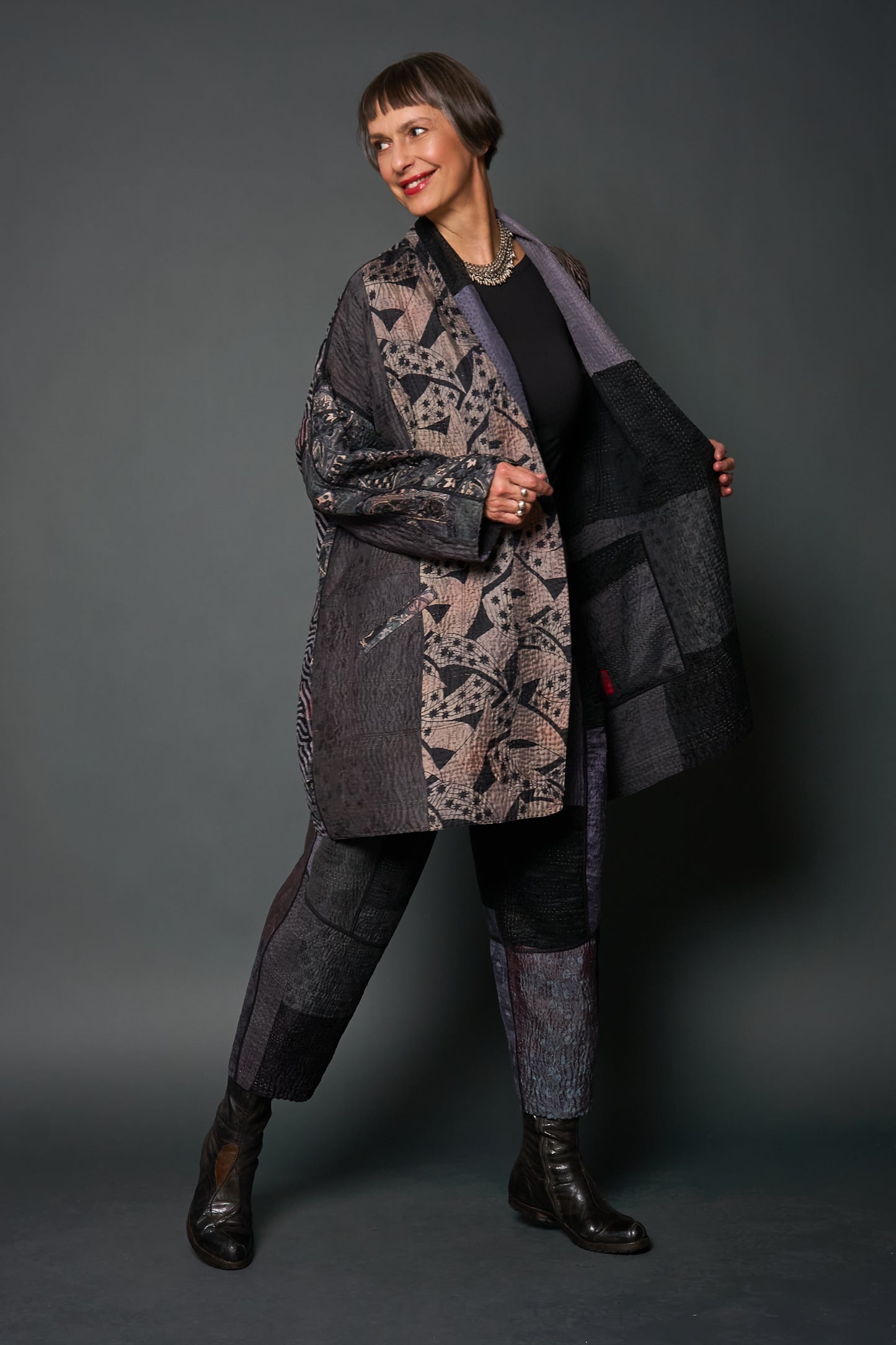 JACQUARD SILK KANTHA KAFTAN JACKET MEDIUM - js4089-blk -