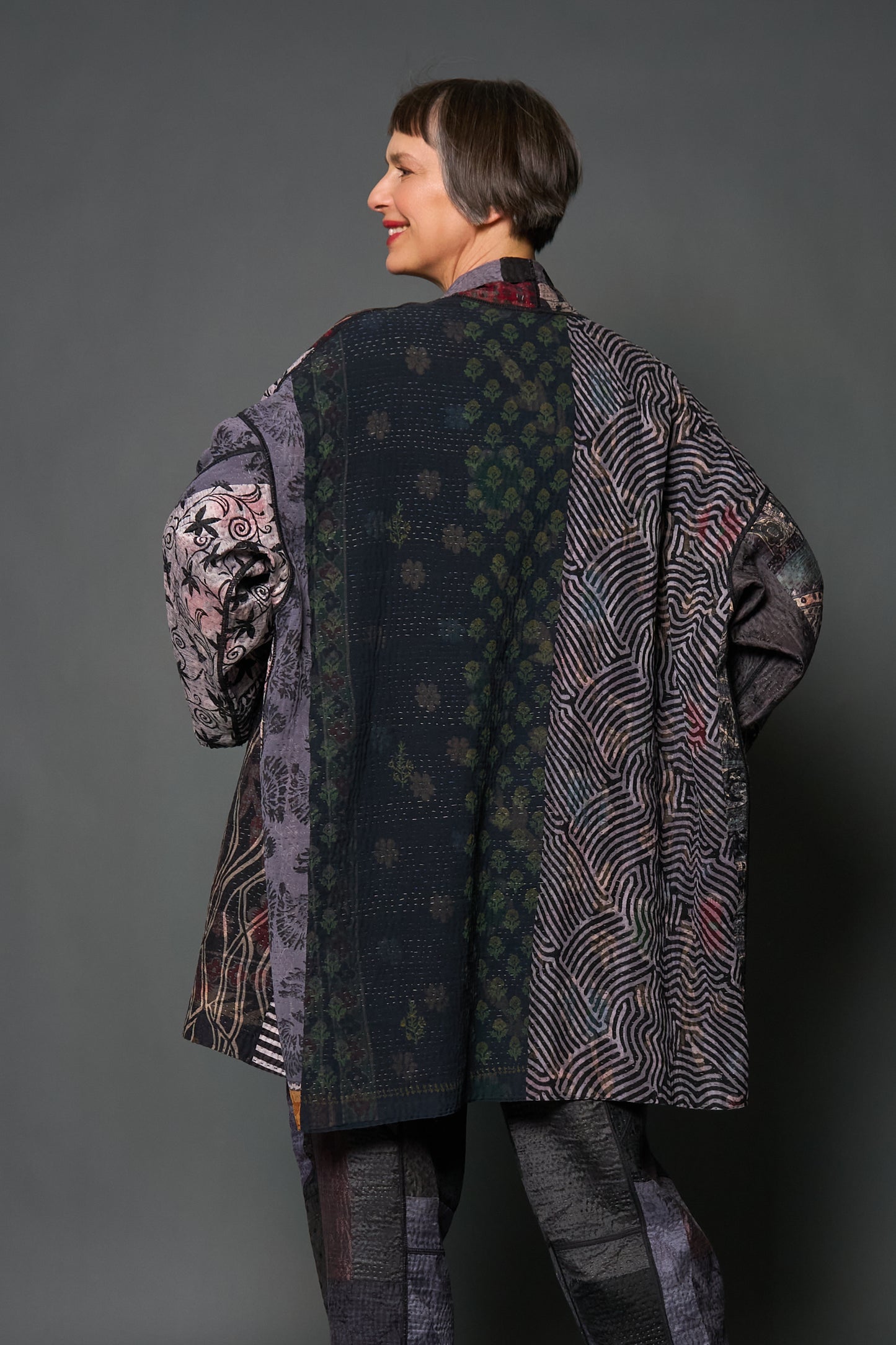 JACQUARD SILK KANTHA KAFTAN JACKET MEDIUM - js4089-blk -