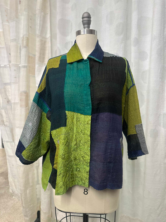 MARBLE FRAY PATCH KANTHA CROPPED TENT SHIRT - mf2596-grn -