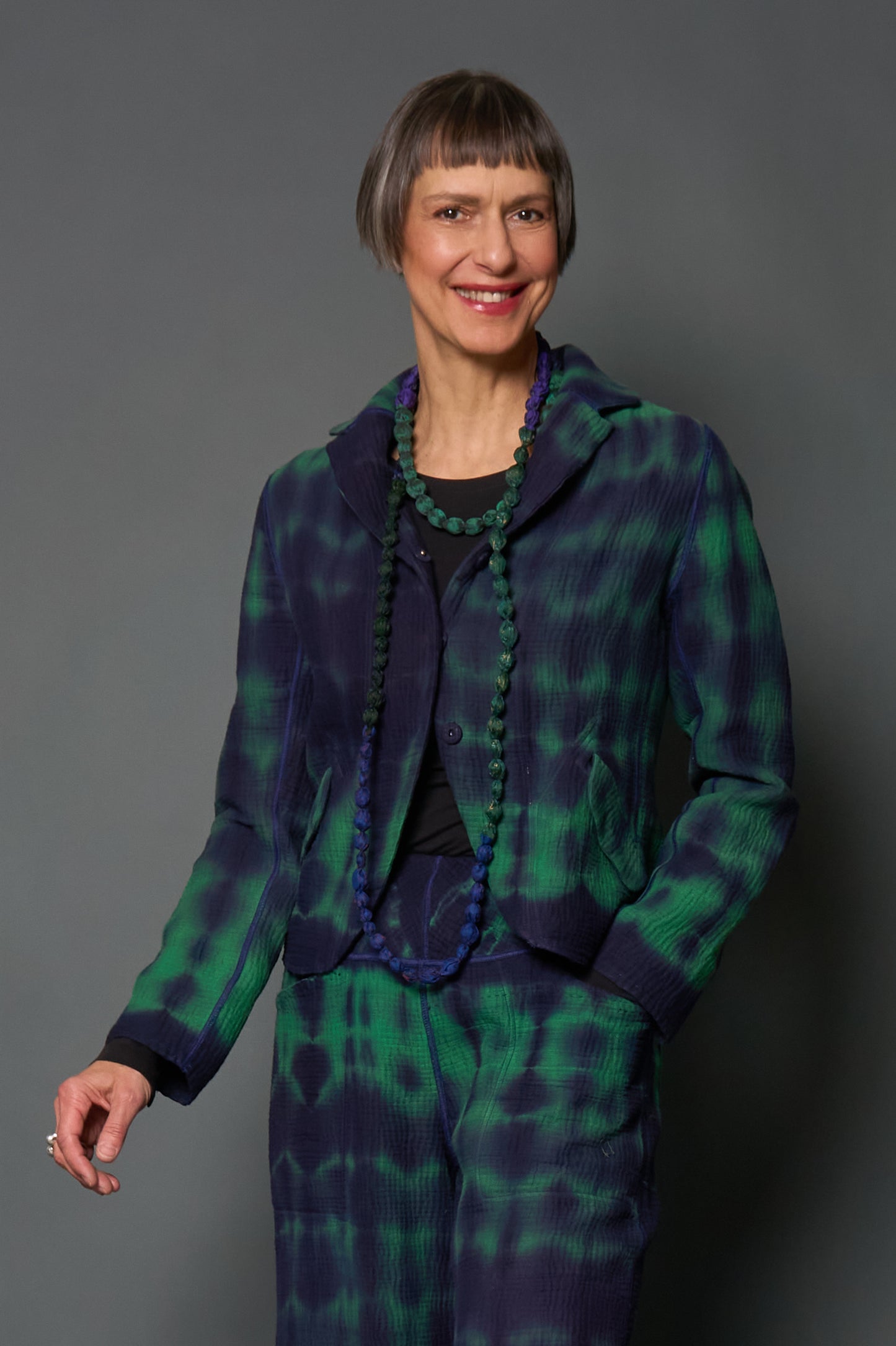 MONE SHIBORI TIE DYE KANTHA CROPPED BASIC JACKET - ms4096-grn -