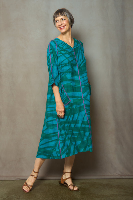 MARIGOLD PRINT WITH OVERDYE KANTHA V-NECK FLARE DRESS - ov-mg2457-tuq -