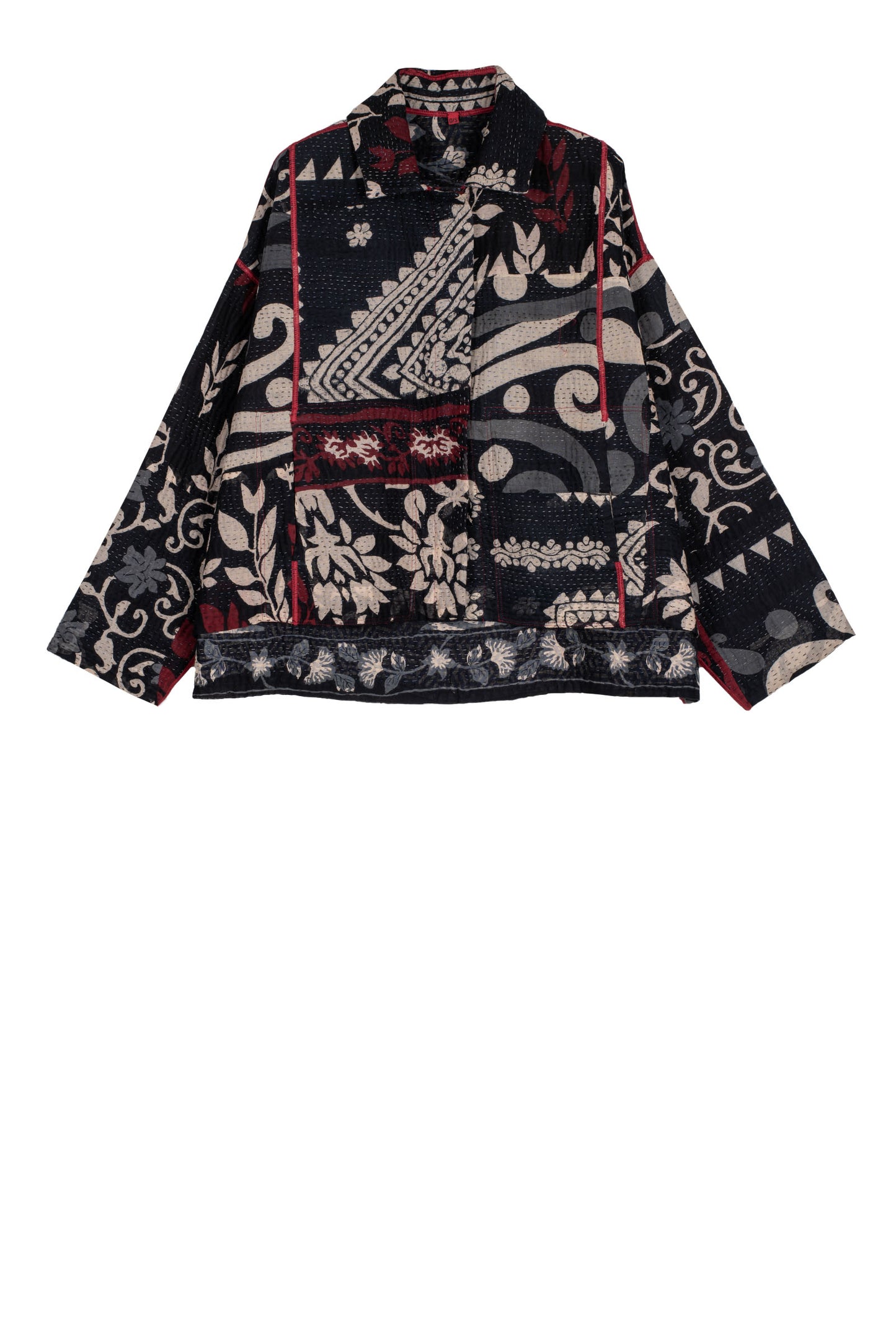 BLACK AND WHITE PRINT PATCH KANTHA CROPED SHIRT JACKET - pn4075-blk -