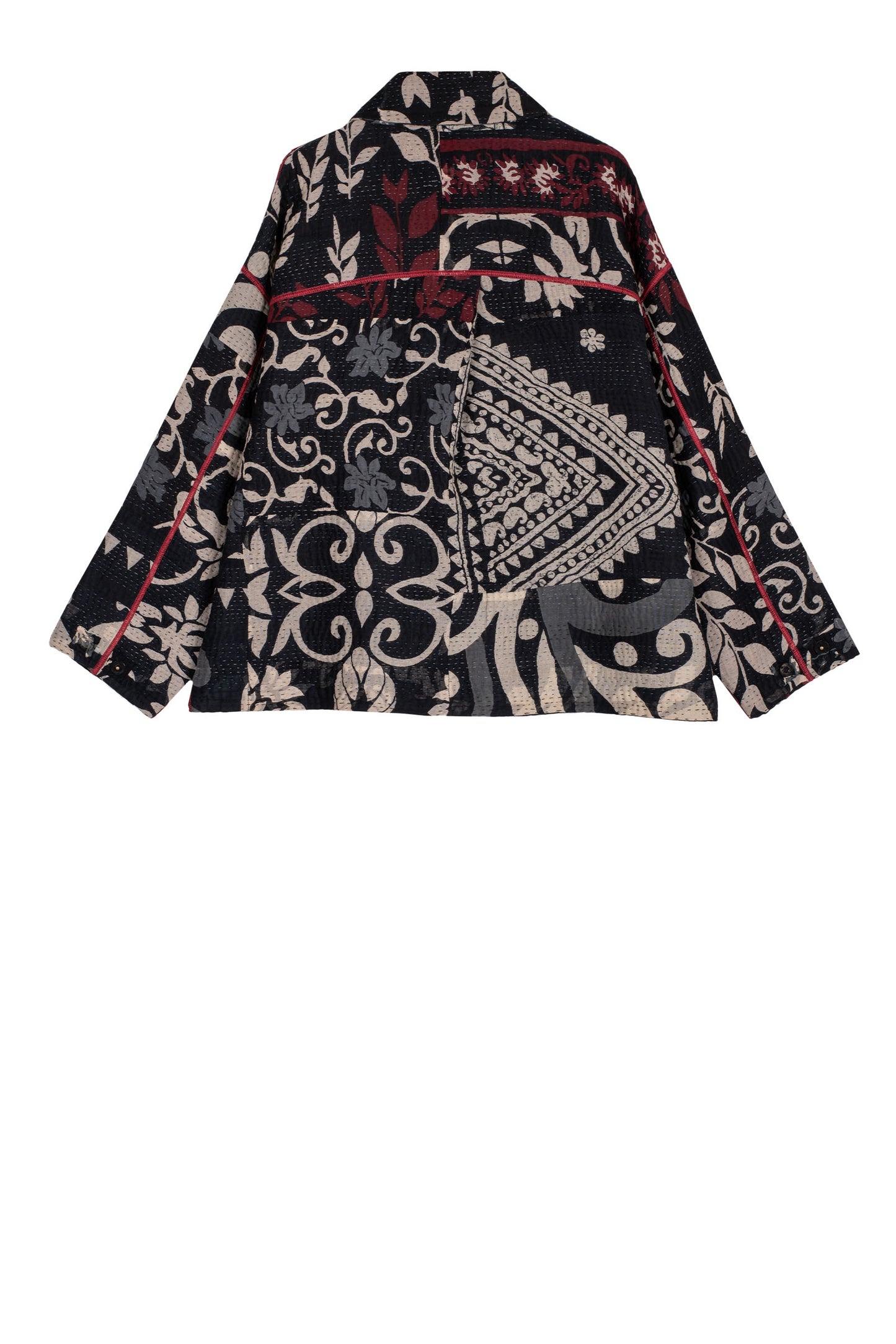 BLACK AND WHITE PRINT PATCH KANTHA CROPED SHIRT JACKET - pn4075-blk -