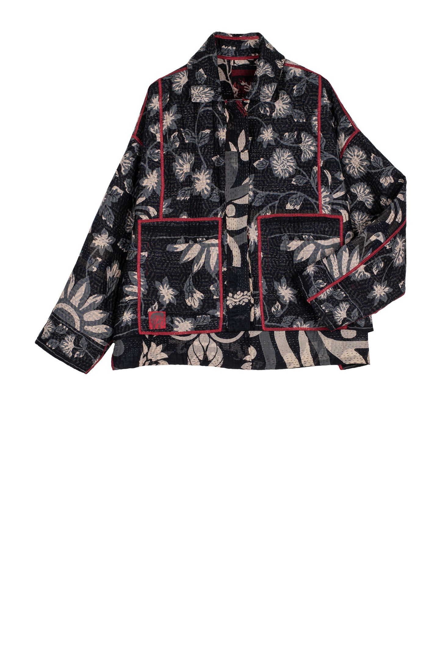 BLACK AND WHITE PRINT PATCH KANTHA CROPED SHIRT JACKET - pn4075-blk -