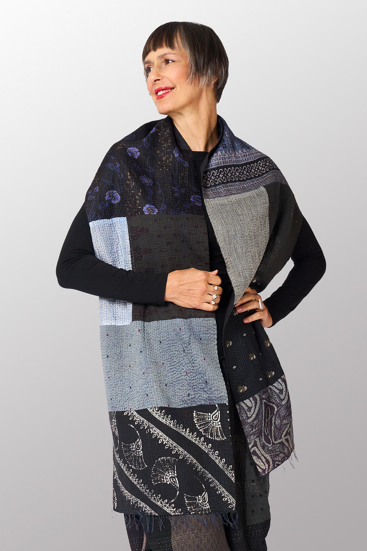VINTAGE SILK COTTON KANTHA SCARF SMALL - sc2800-blk -