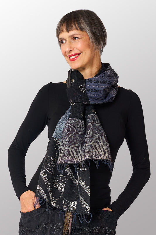 VINTAGE SILK COTTON KANTHA SCARF SMALL - sc2800-blk -