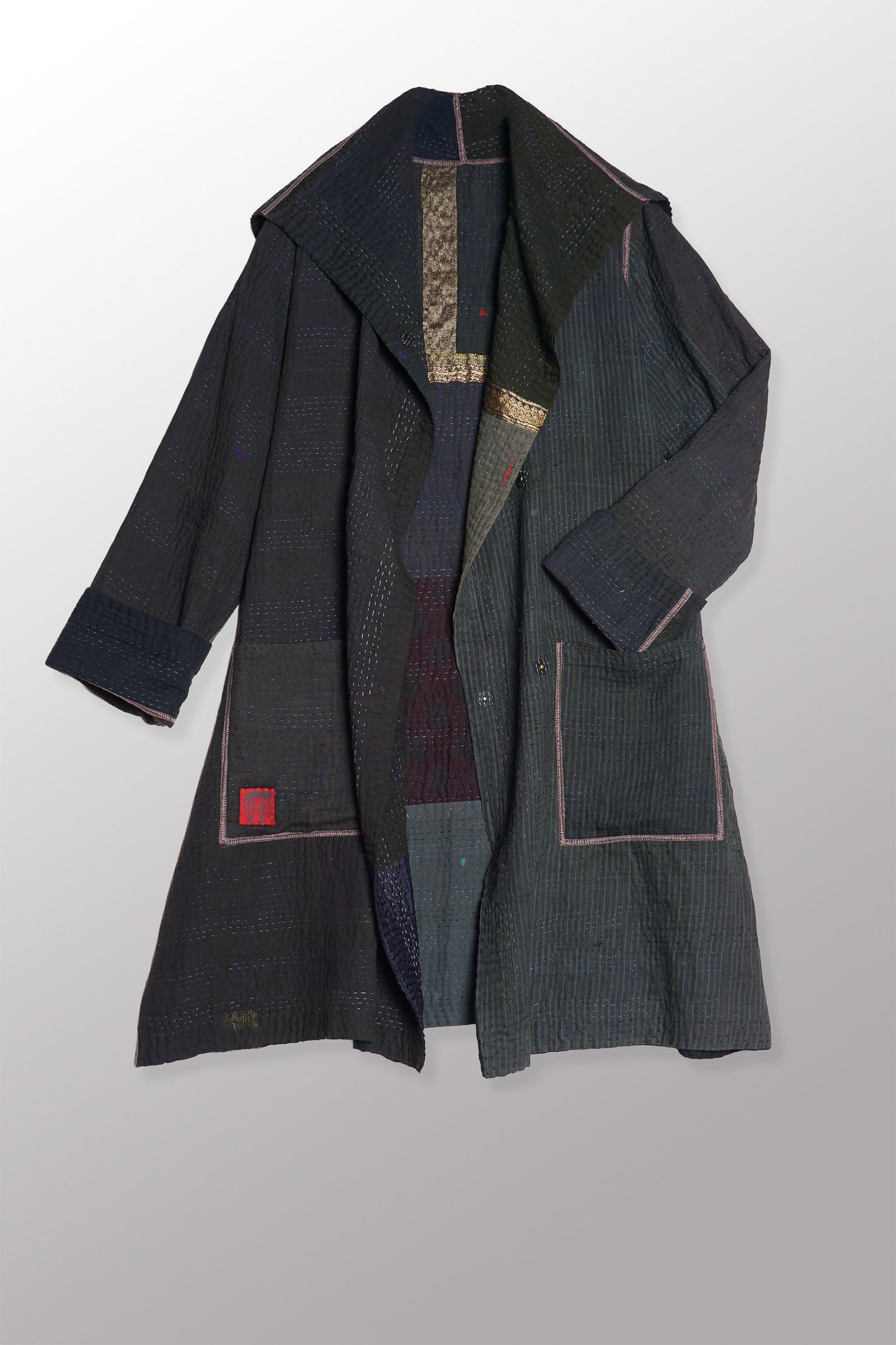 COTTON SILK SW PATCH KANTHA POCKET MEDIUM COAT - ws4316-blk -