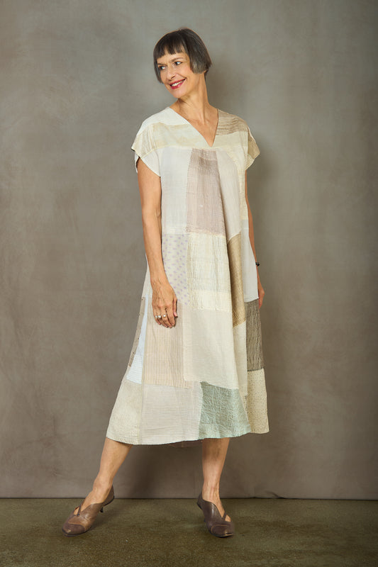 MOSAIC FRAY PATCH KANTHA V-NECK FRENCH SLV. DRESS - zb2467-ivy -