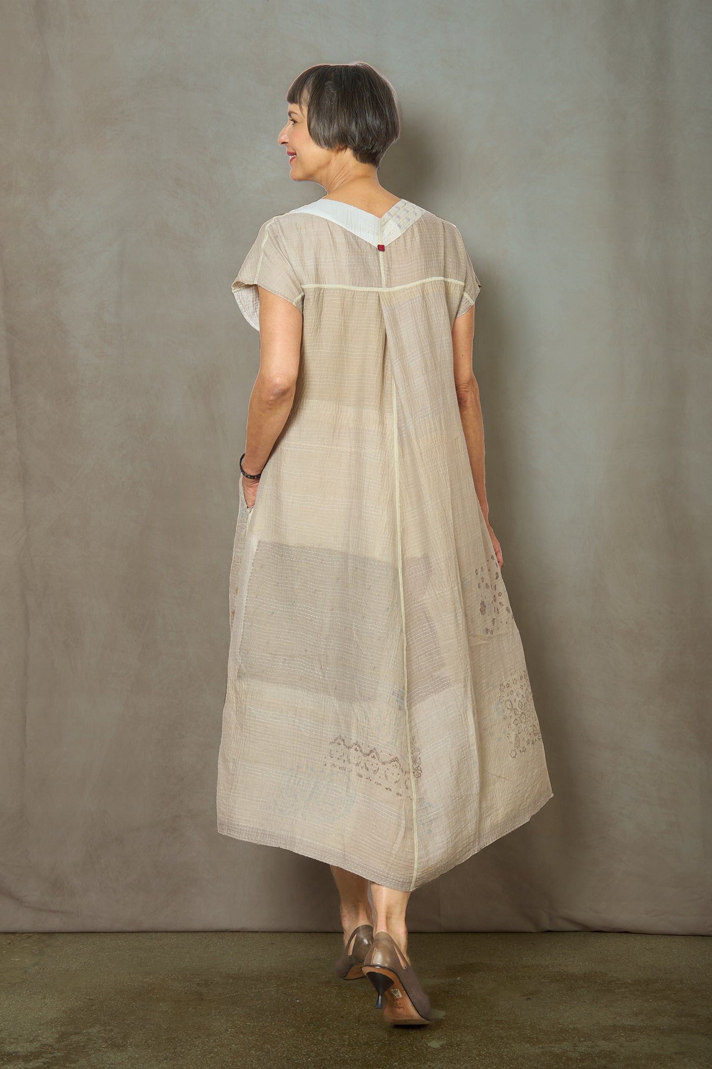 MOSAIC FRAY PATCH KANTHA V-NECK FRENCH SLV. DRESS - zb2467-ivy -