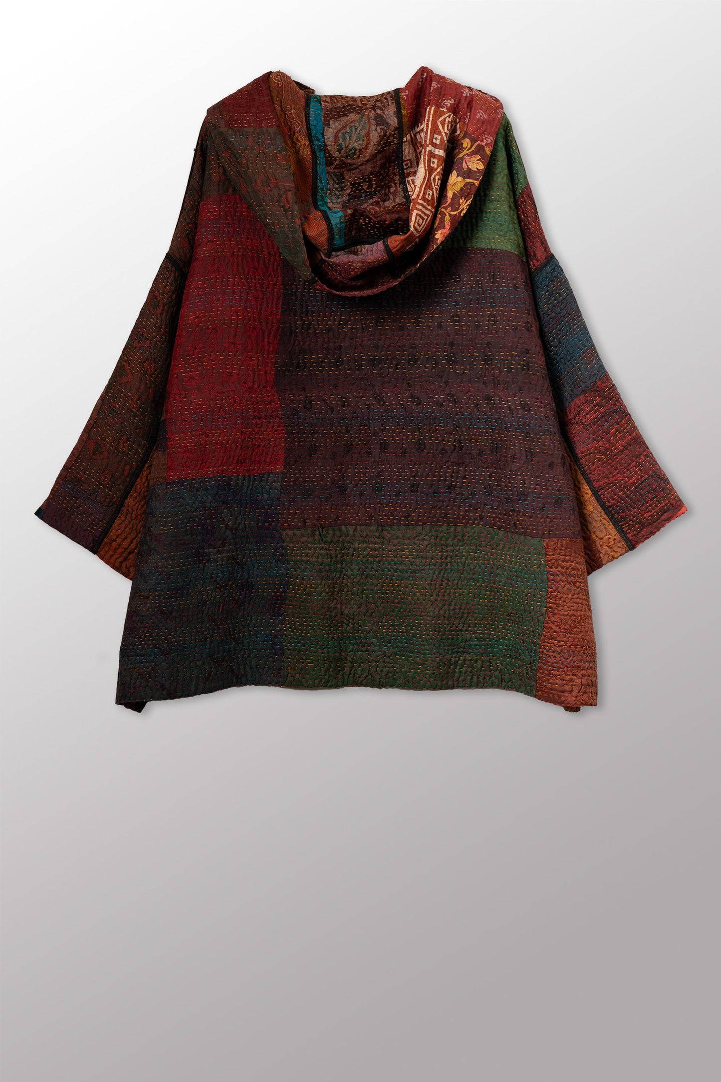 JACQUARD SILK KANTHA HOODIE PONCHO - js4064-cbrn001a -