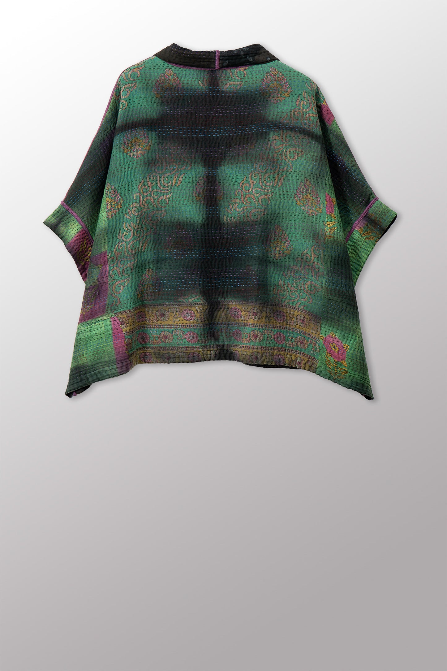 VINTAGE COTTON GREY CLAMP TIE DYE KANTHA MINI PONCHO - su4060-0004a -