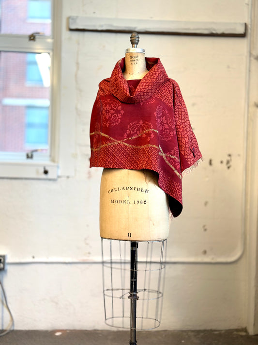 KIMONO PRINT KANTHA COWL NECK CAPE - kp2807-red -