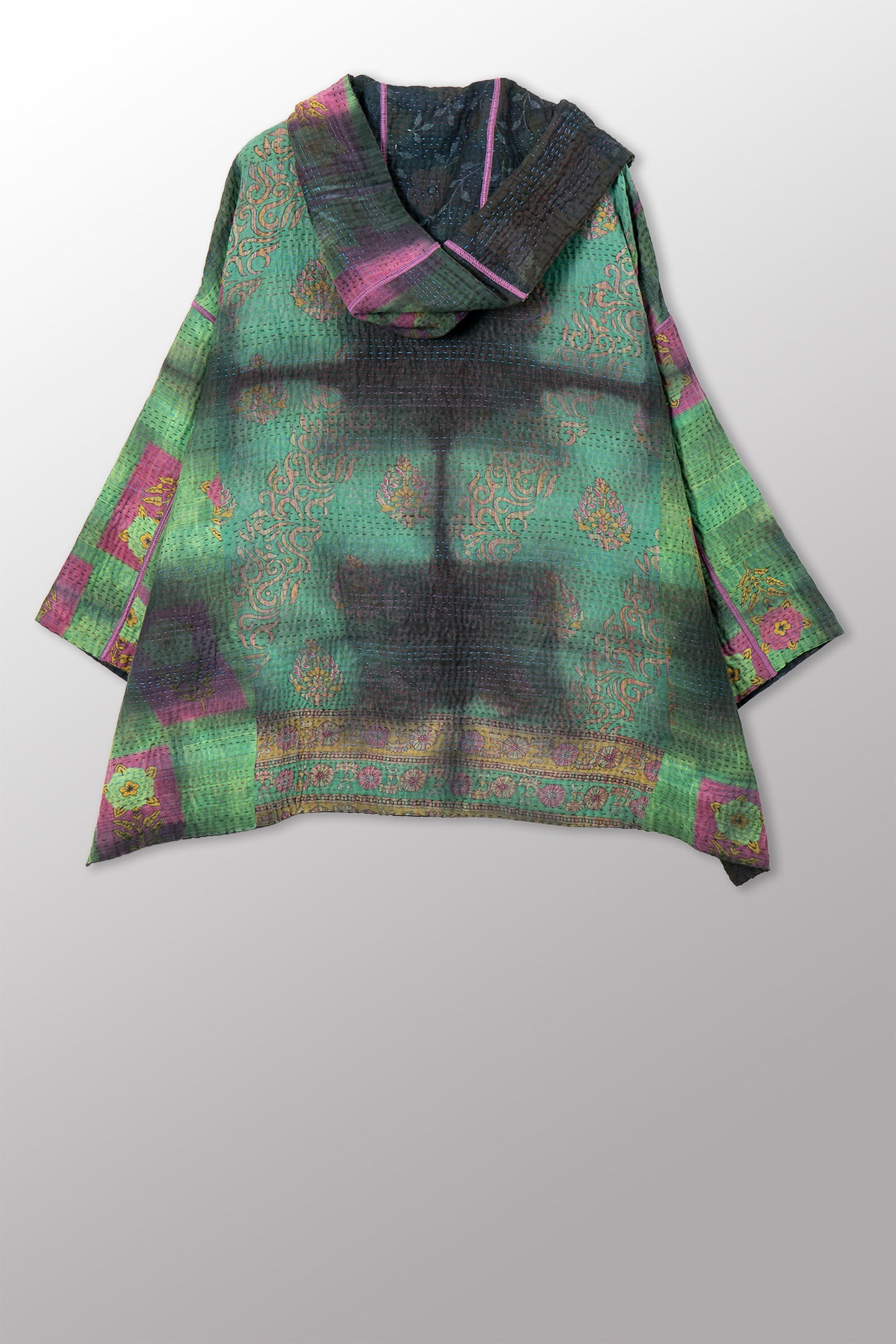 VINTAGE COTTON GREY CLAMP TIE DYE KANTHA HOODIE PONCHO - su4064-0003a -