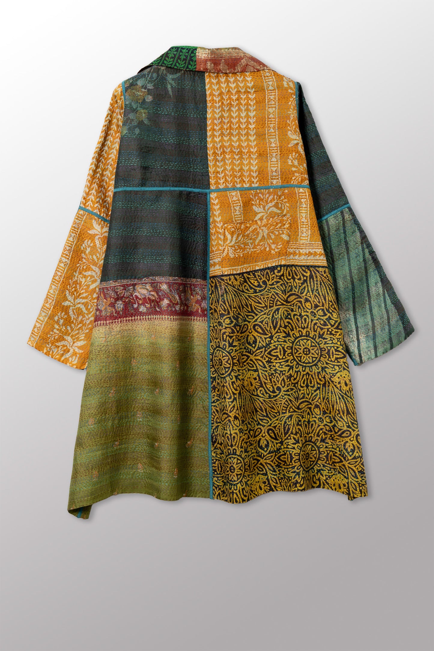 VINTAGE SILK KANTHA A-LINE DUSTER - sv2311-0017a -