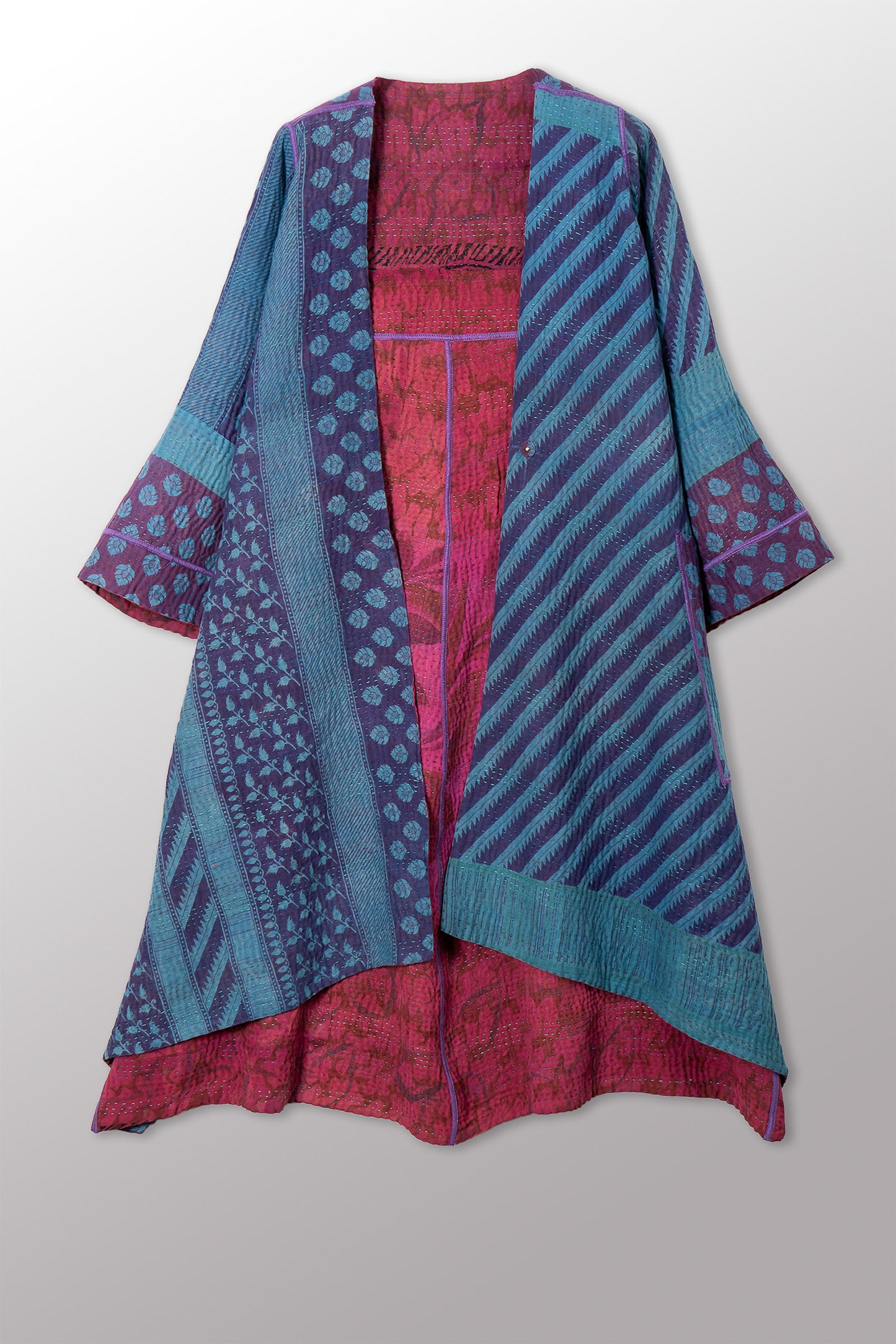 VINTAGE SILK GEORGETTE COTTON KANTHA WRAP FLARE COAT - gc4330-0001a -