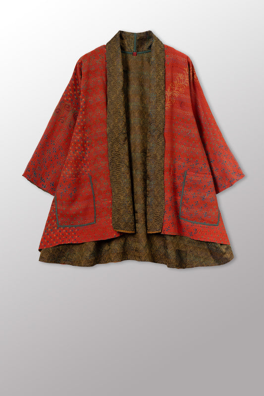 GEORGETTE JACQUARD VINTAGE SILK PATCH KANTHA KIMONO JACKET - gj2004-0003a -