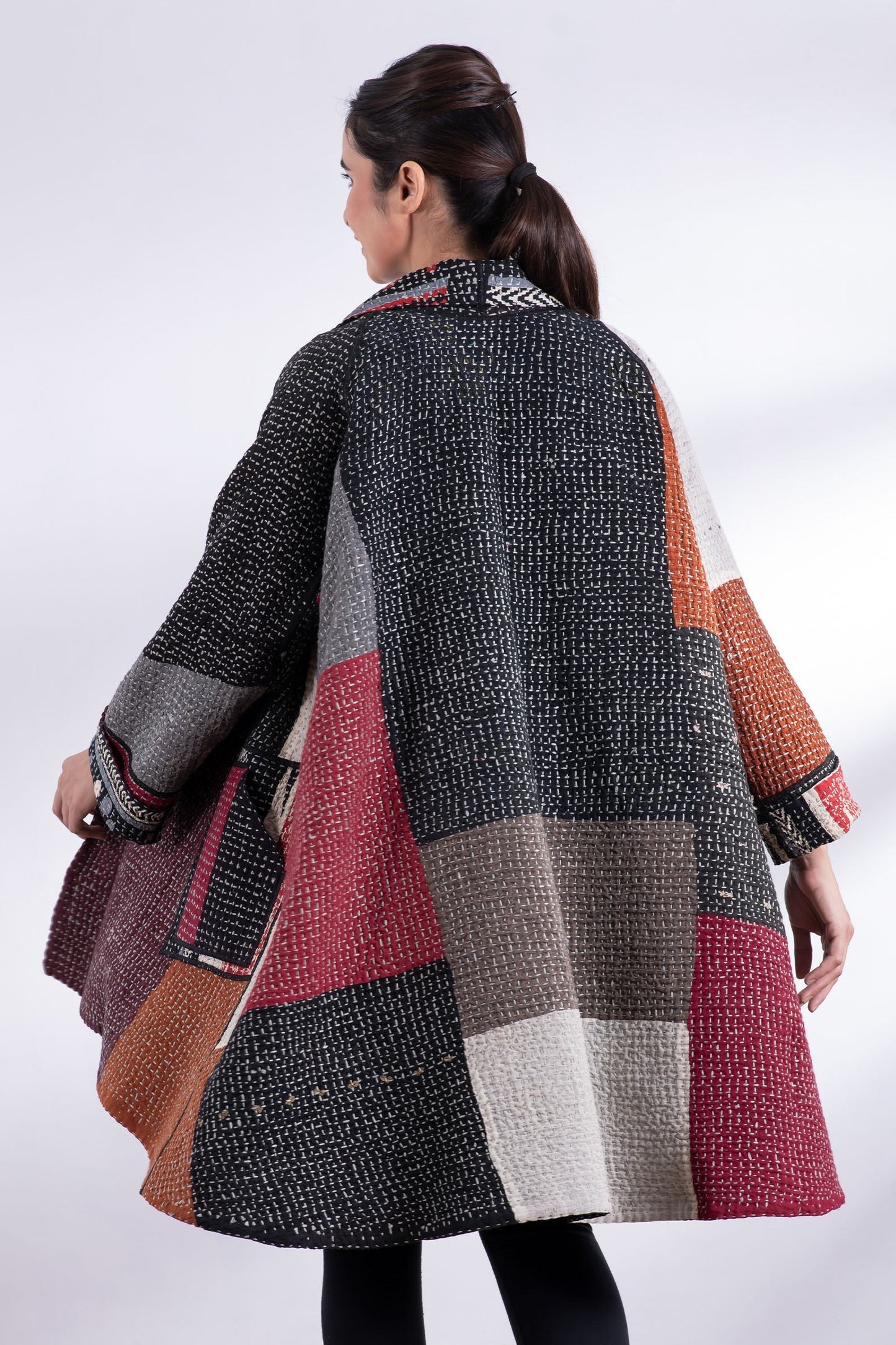 WAFFLE IKAT KANTHA KIMONO LONG JACKET - wi3005-red -