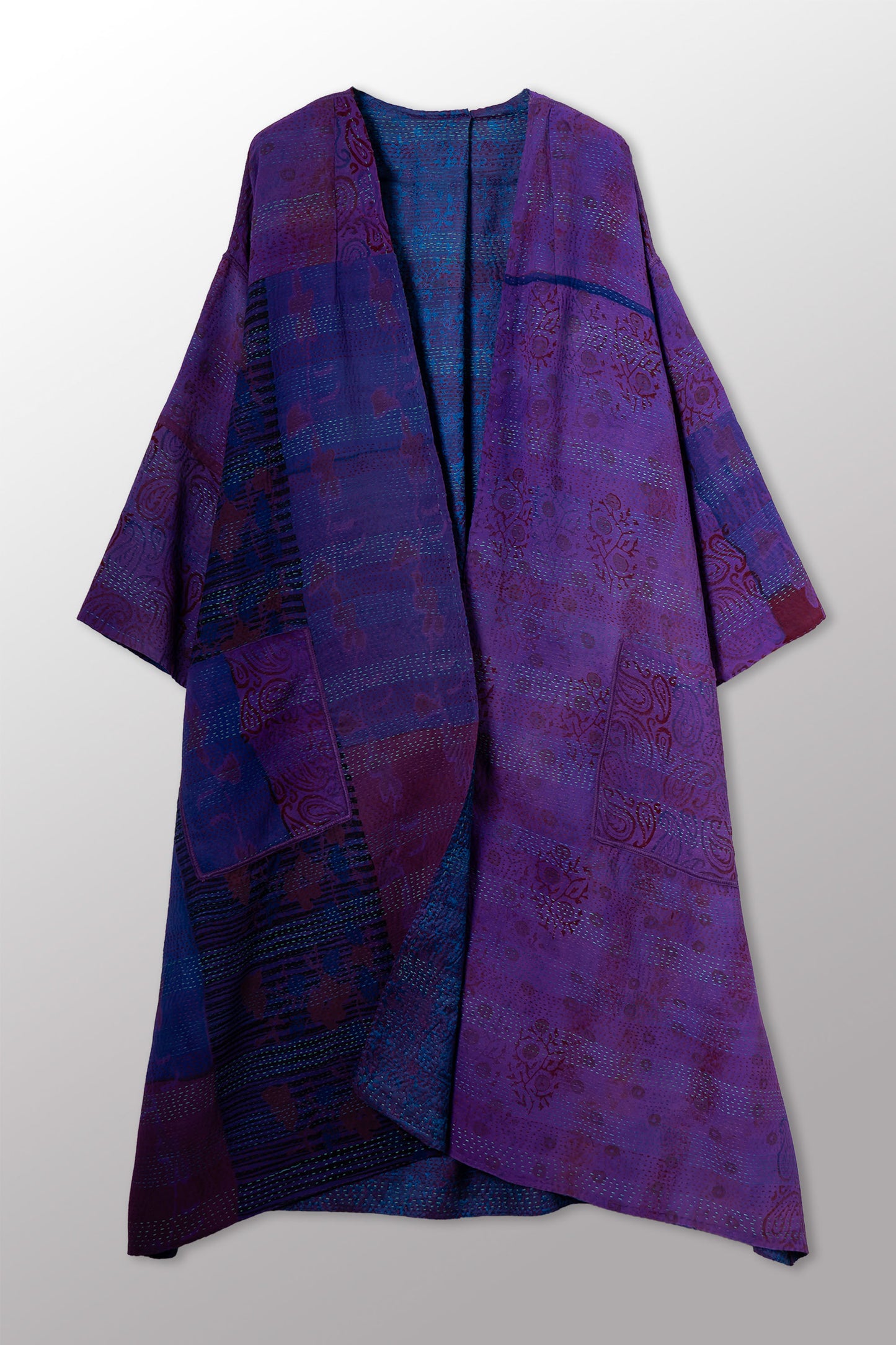 GEORGETTE JACQUARD VINTAGE SILK PATCH KANTHA LONG DUSTER - gj2328-0003a -