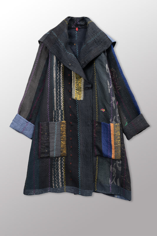 JEWEL WOVEN WITH VERTICAL PATCH KANTHA POCKET MEDIUM COAT - jv4316-blk -