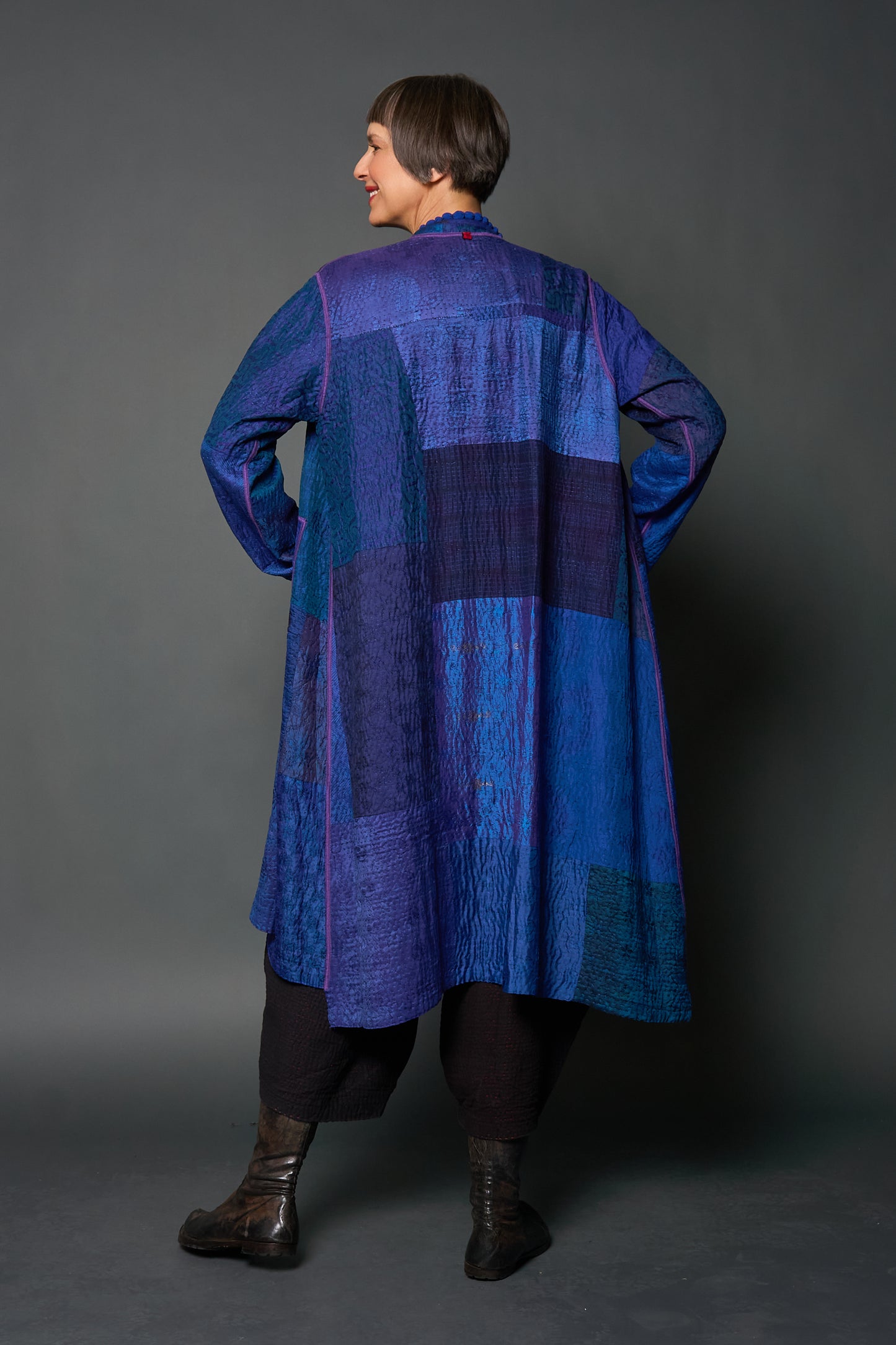 JACQUARD SILK KANTHA KAFTAN COAT - js4343-nvy -