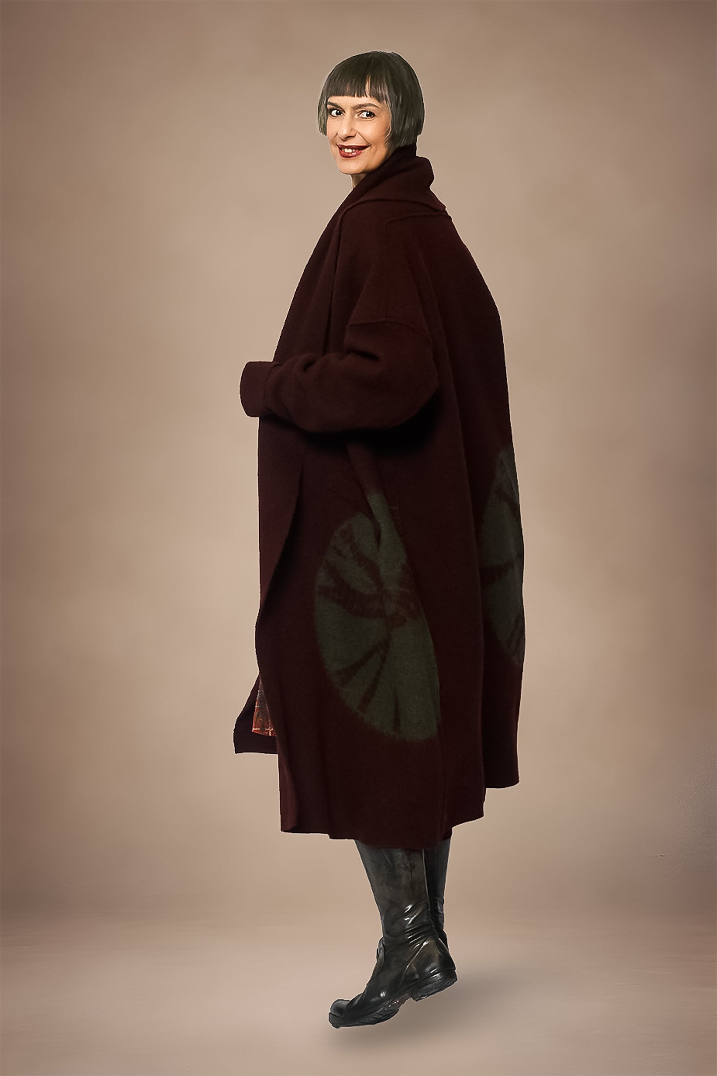 CIRCLE TIE DYE BOILED WOOL NEW SHAWL COAT LONG - tw1362-brn -