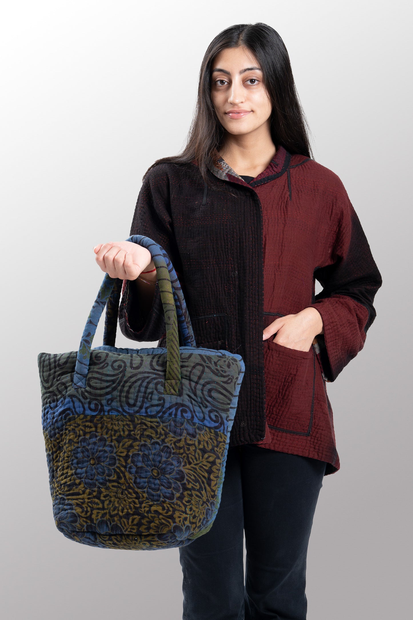 Quilted Overdye Cotton Kantha Bucket Tote #0008