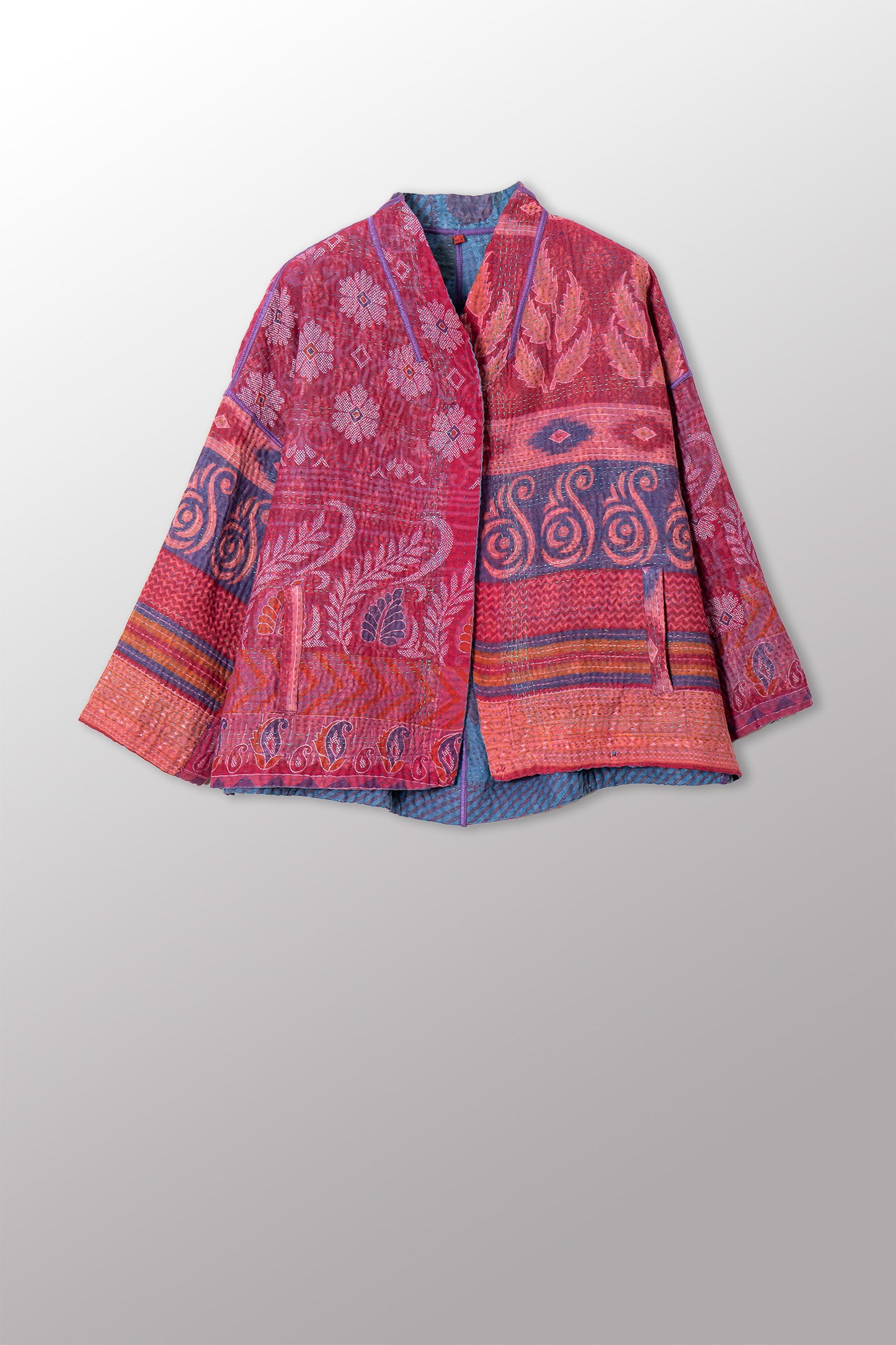 COTTON OVERDYE KANTHA STAND COLLAR CROPPED JKT - ov4034-cfus002a -