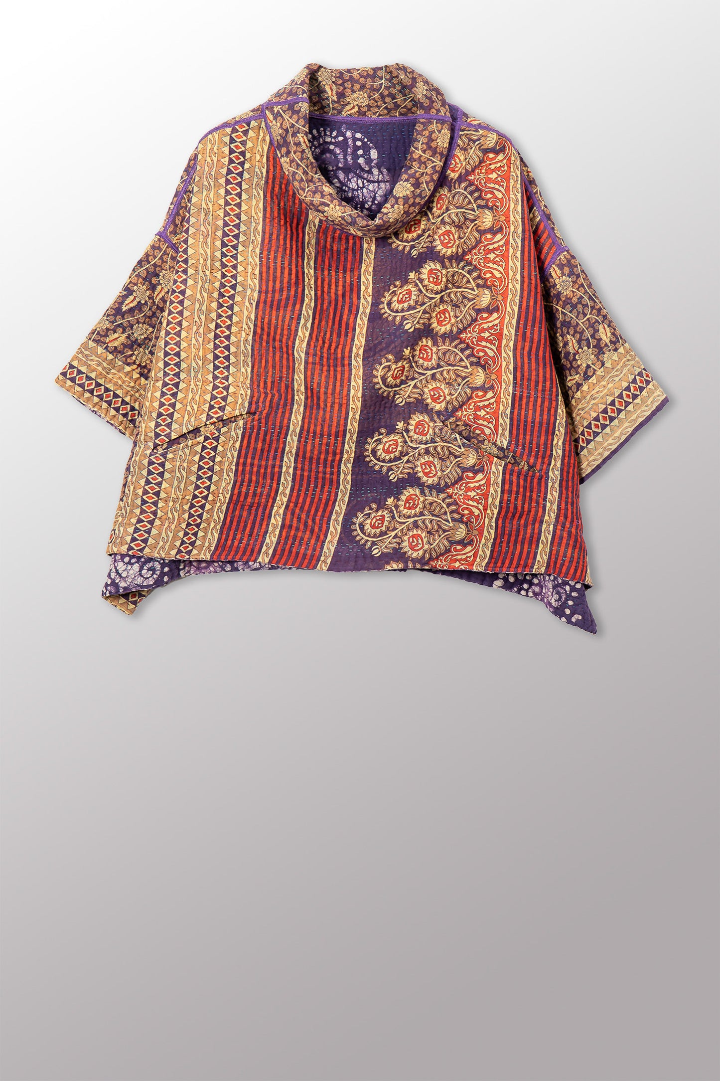VINTAGE COTTON KANTHA COWL NECK PONCHO - cv4061-0034a -