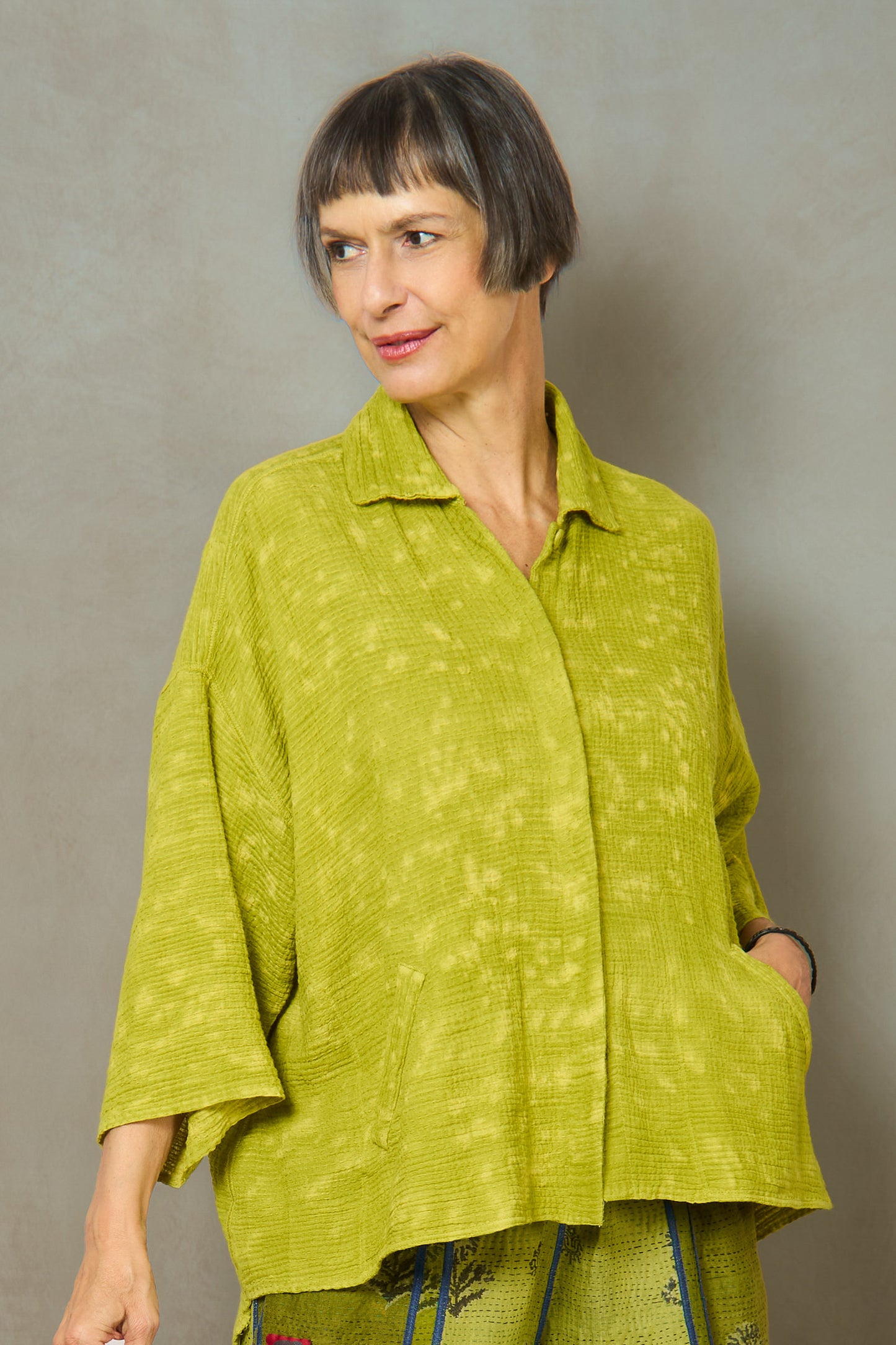 SAND SUN DYE RIPPLE KANTHA CROPPED TENT SHIRT - rs2596-lim -