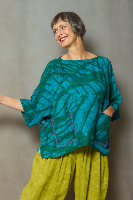 MARIGOLD PRINT WITH OVERDYE KANTHA BOAT NECK DOLMAN TOP - ov-mg2t100-tuq -