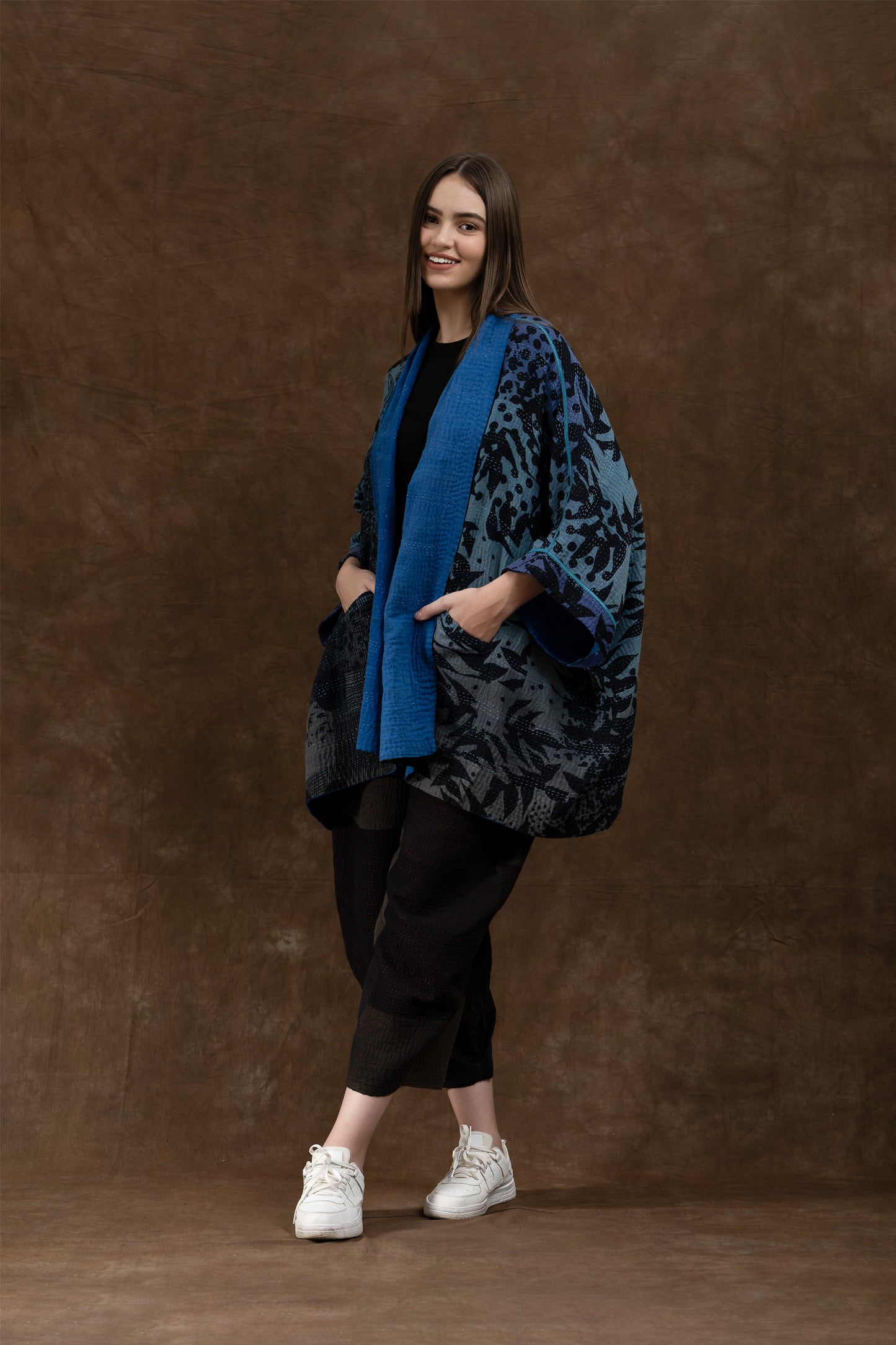 MONOTONE TWILIGHT PRINT KANTHA DOUBLE COLLAR PONCHO - tp4323-blu -