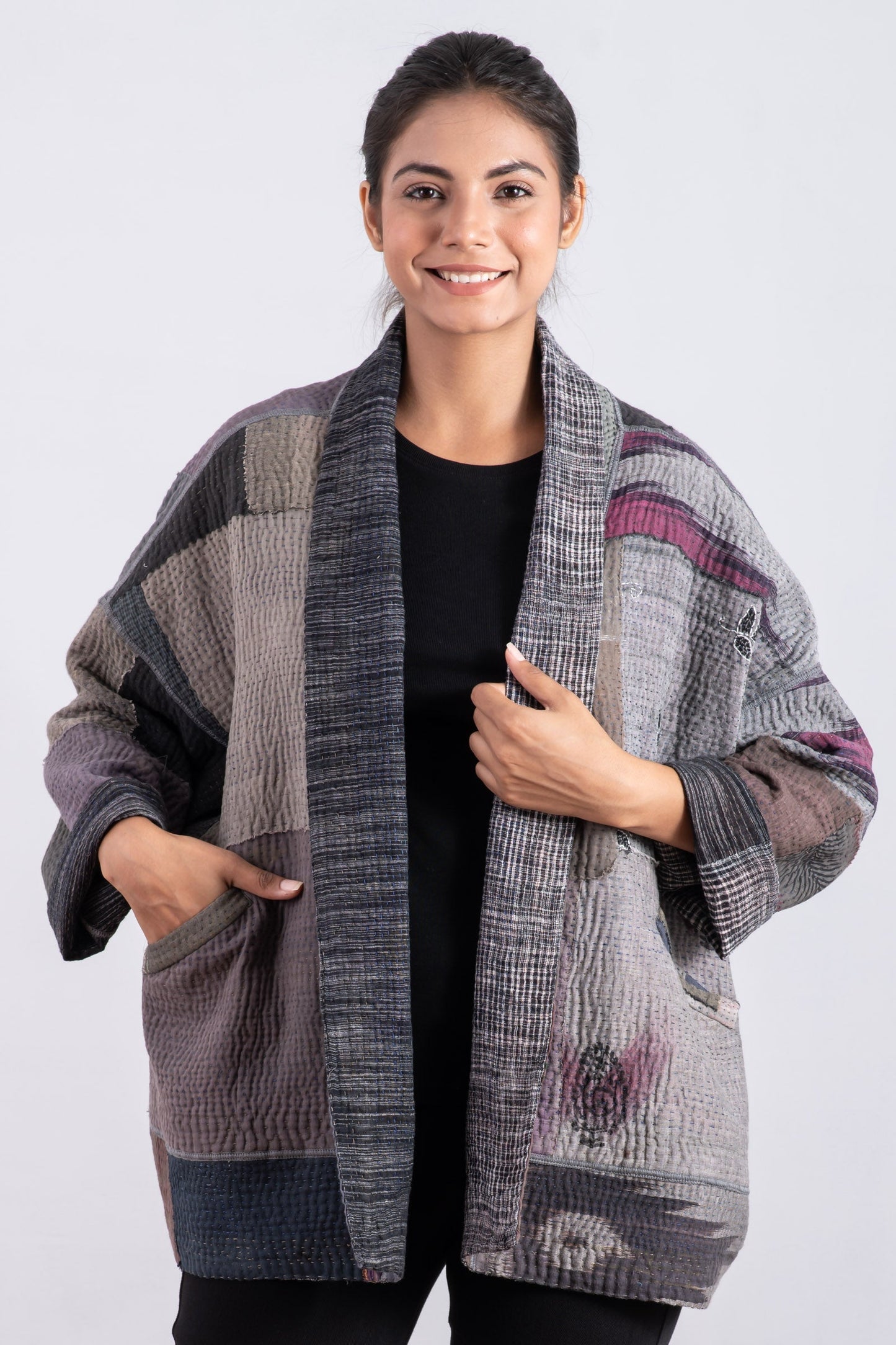 WOVEN IKAT & FRAYED PATCH KANTHA BIG POCKET JKT - wk4057-gry -