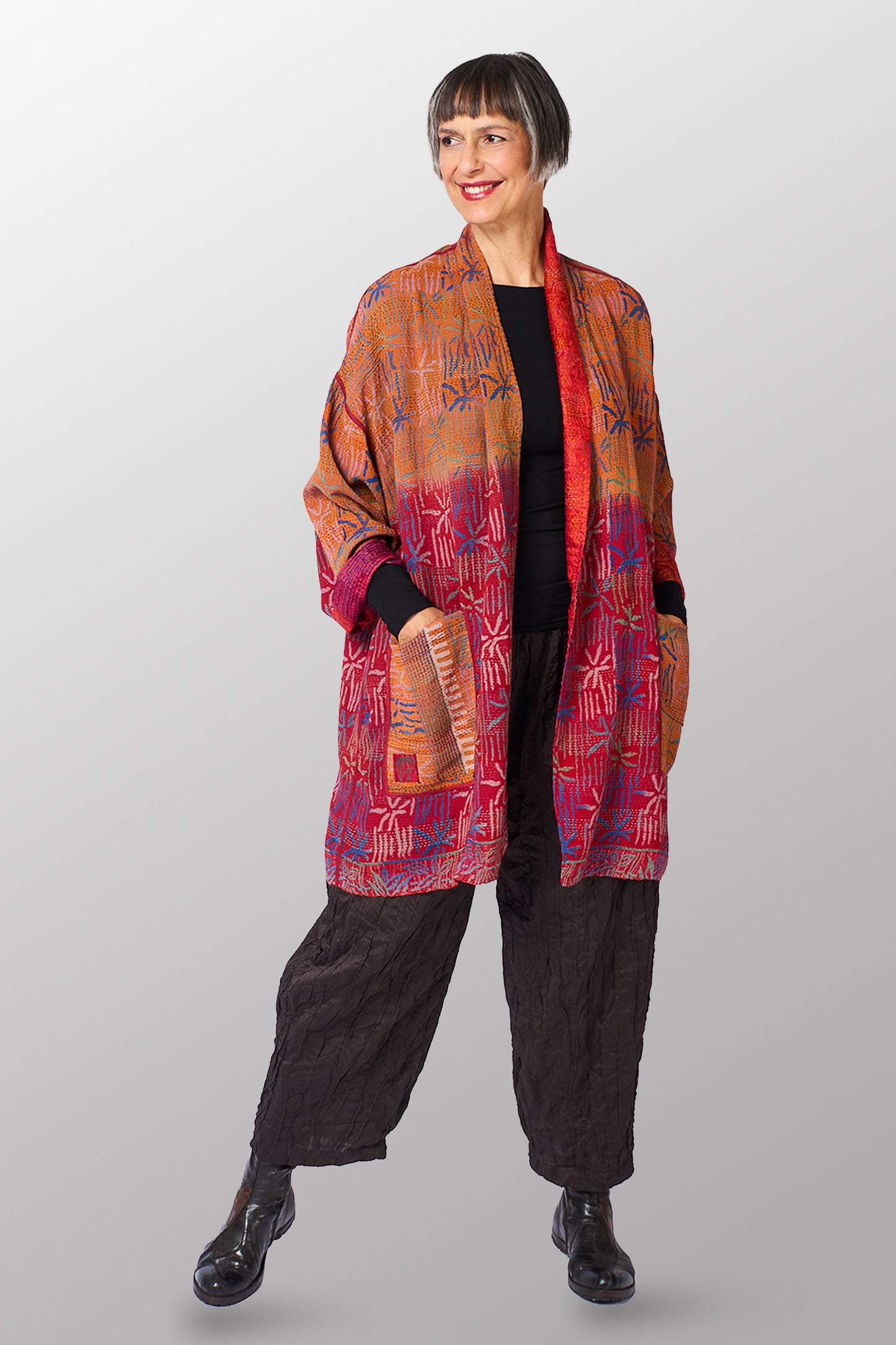 GEORGETTE JACQUARD VINTAGE SILK PATCH KANTHA HAORI JACKET - gj2068-0001a -
