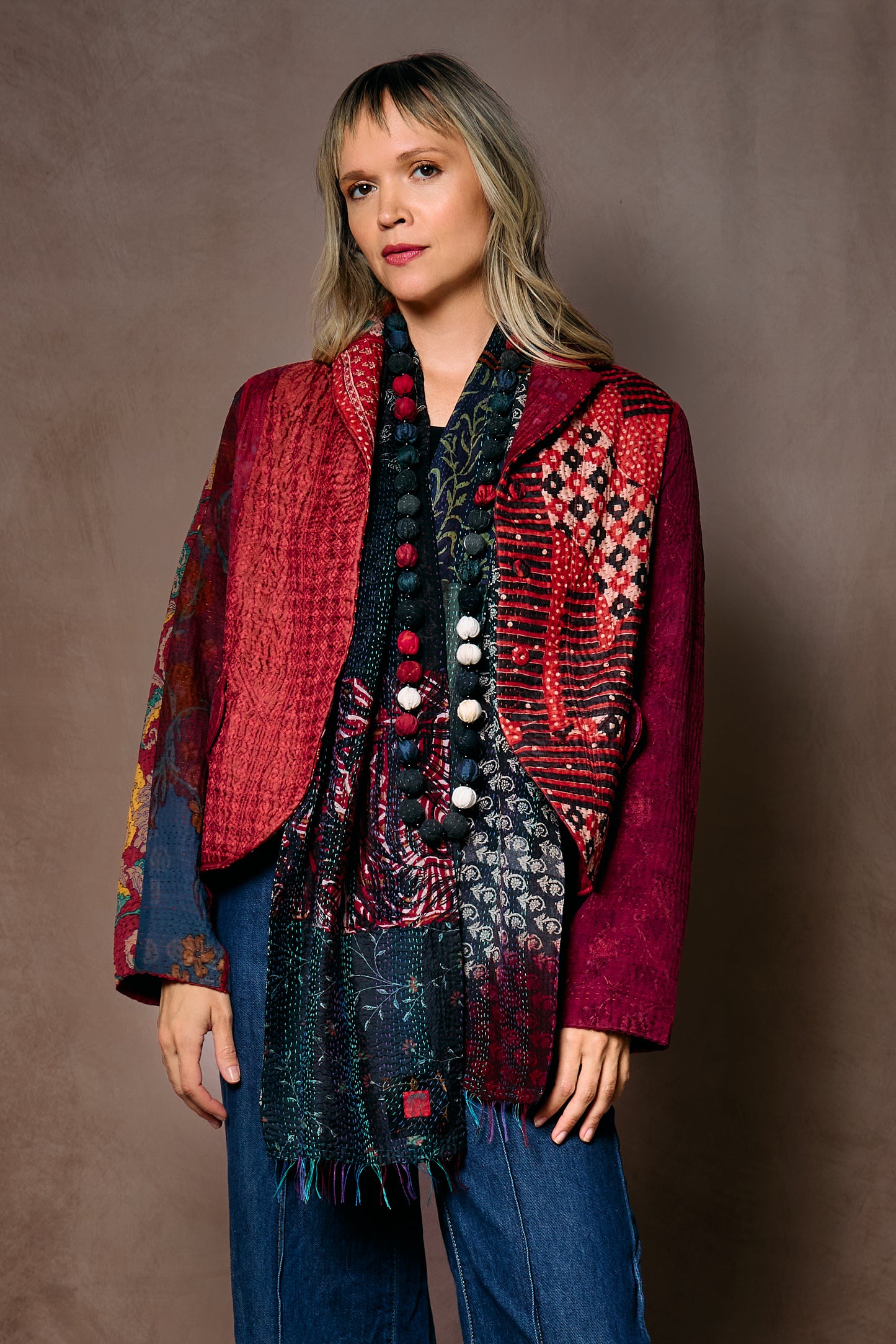 JACQUARD SILK KANTHA CROPPED BASIC JACKET - js4096-cmar003m -