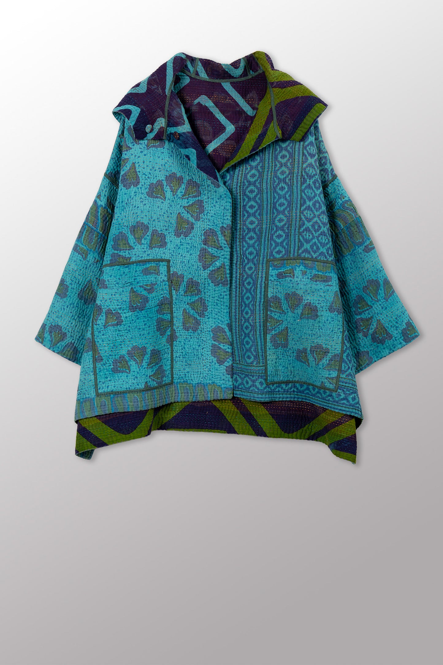 COTTON OVERDYE KANTHA HOODIE PONCHO - ov4064-ctuq001a -