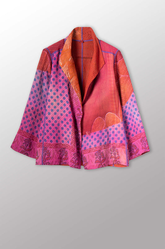 VINTAGE SILK GEORGETTE COTTON KANTHA SHORT JACKET - gc4007-0002m -