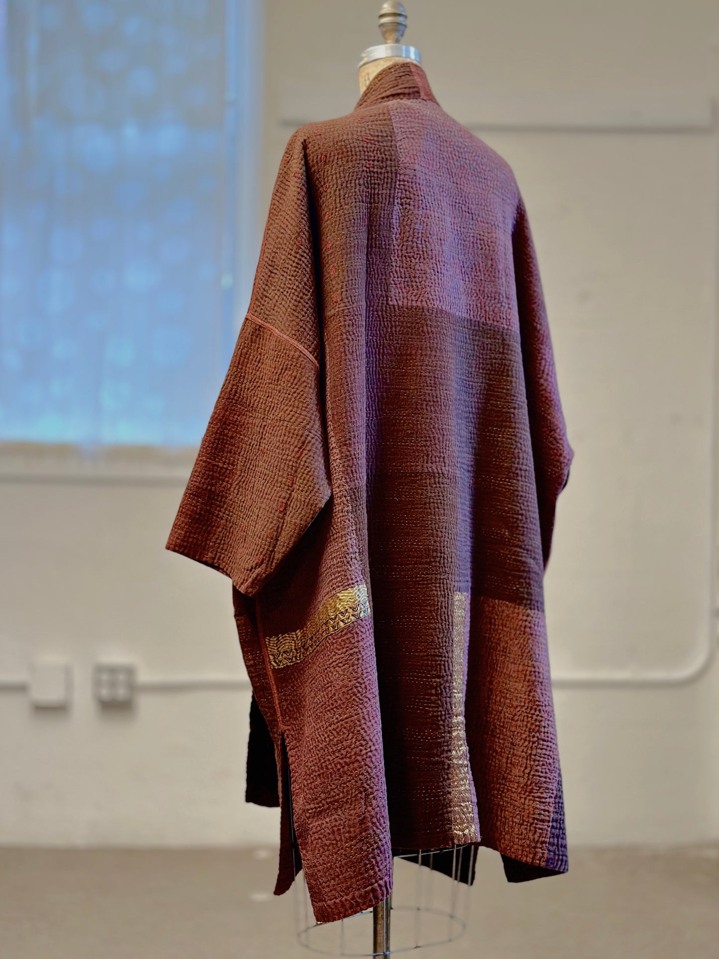 COTTON SILK SW PATCH KANTHA NEW KIMONO WRAP LONG - ws4360-brn -