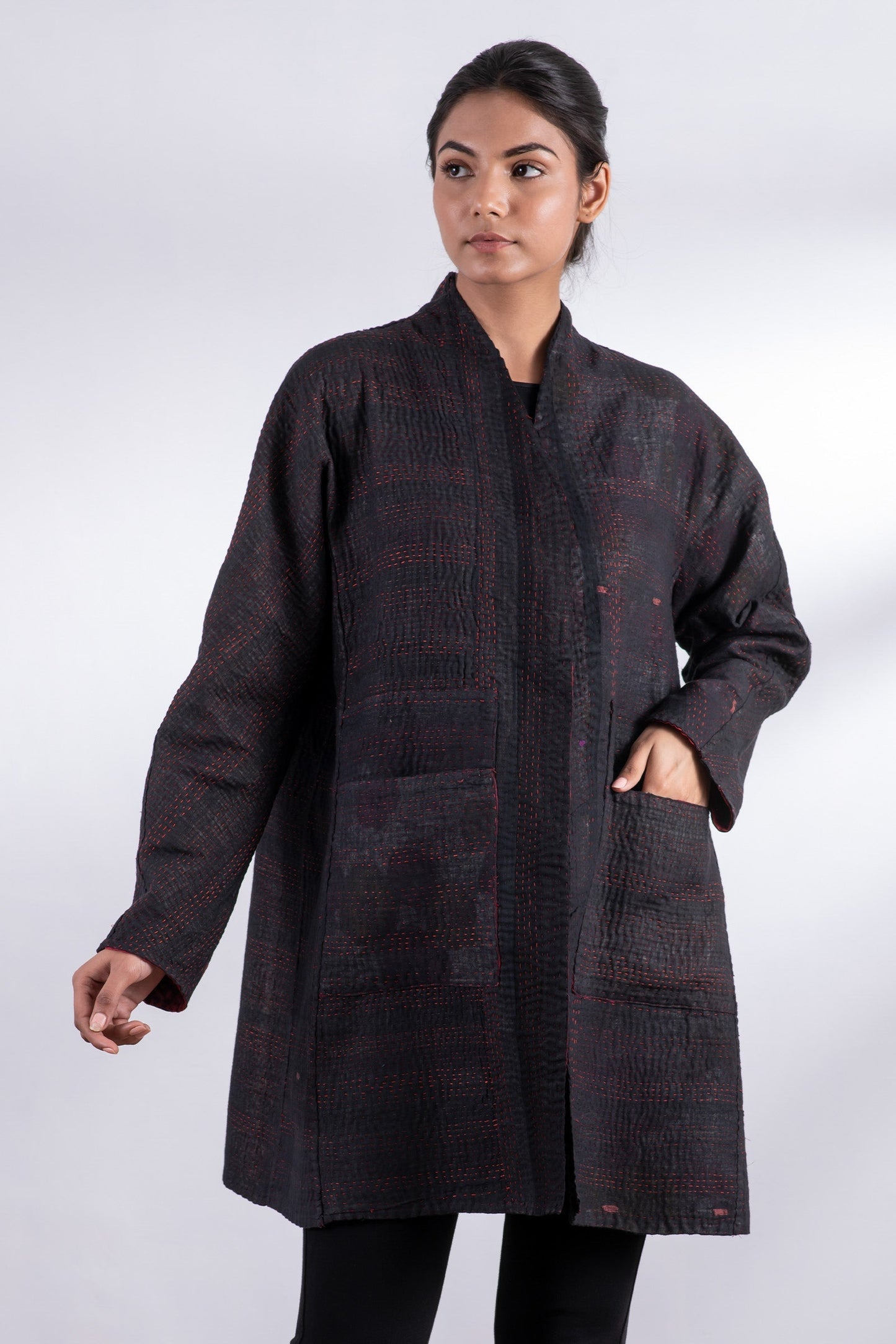 TWO TONE PATCH KANTHA HIGH-NECK TOPPER - tn4045-red -