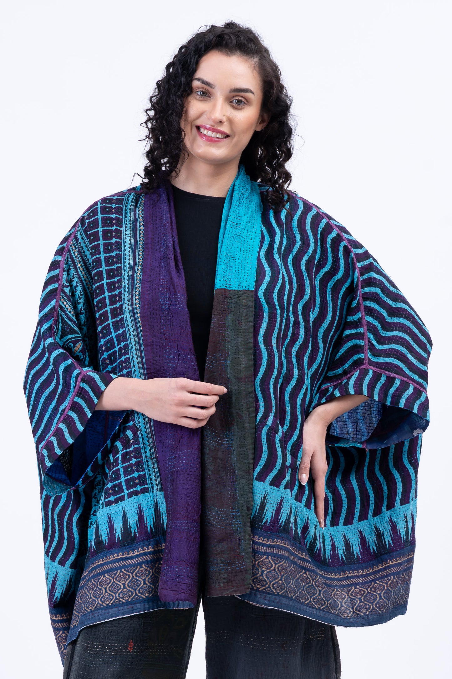 DESERT WAVES KANTHA DOUBLE COLLAR PONCHO - dw2323-blu -