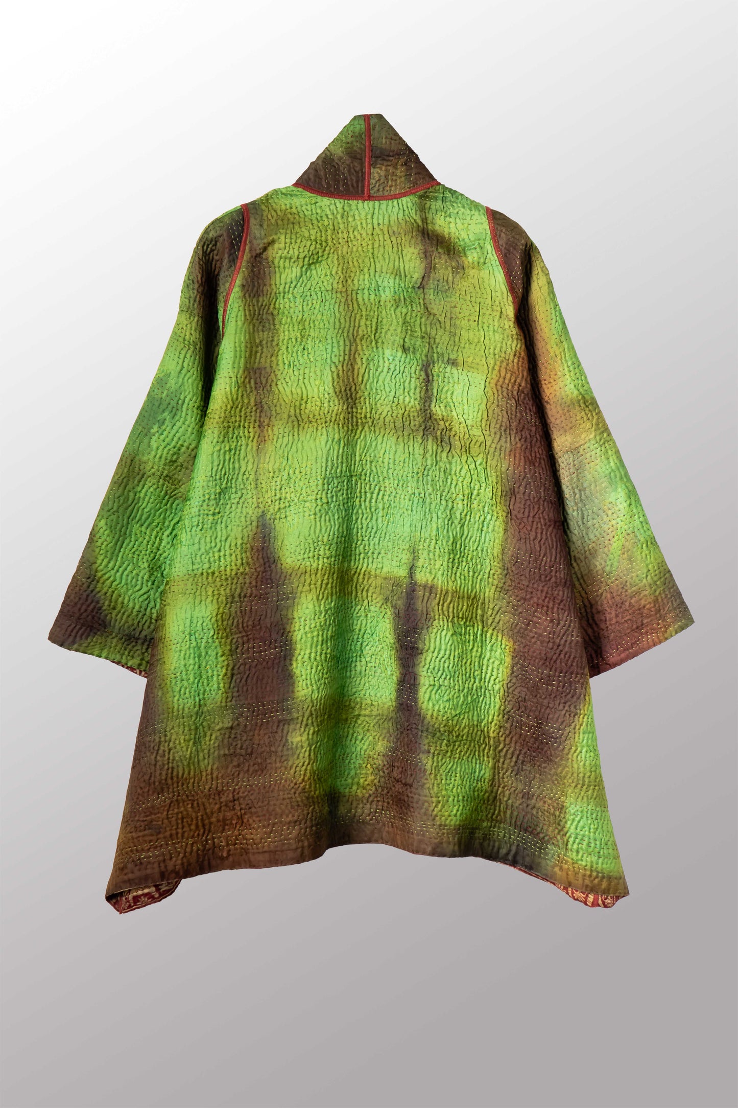 VINTAGE JACQUARD CLAMP DYE WITH PRINTED SILK KANTHA A-LINE JACKET - jk4003-0002a -