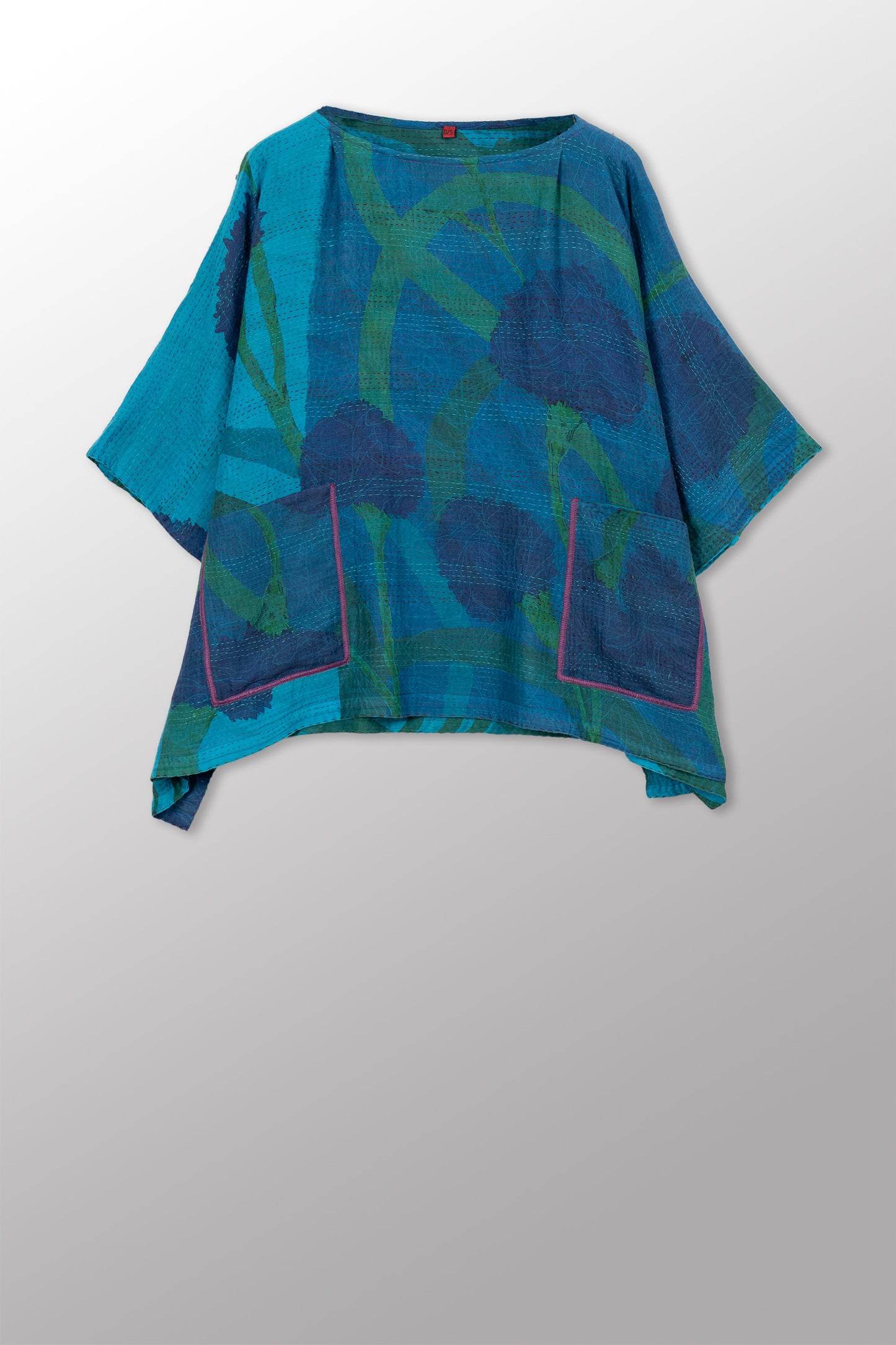 MARIGOLD PRINT WITH OVERDYE KANTHA BOAT NECK DOLMAN TOP - ov-mg2t100-tuq -