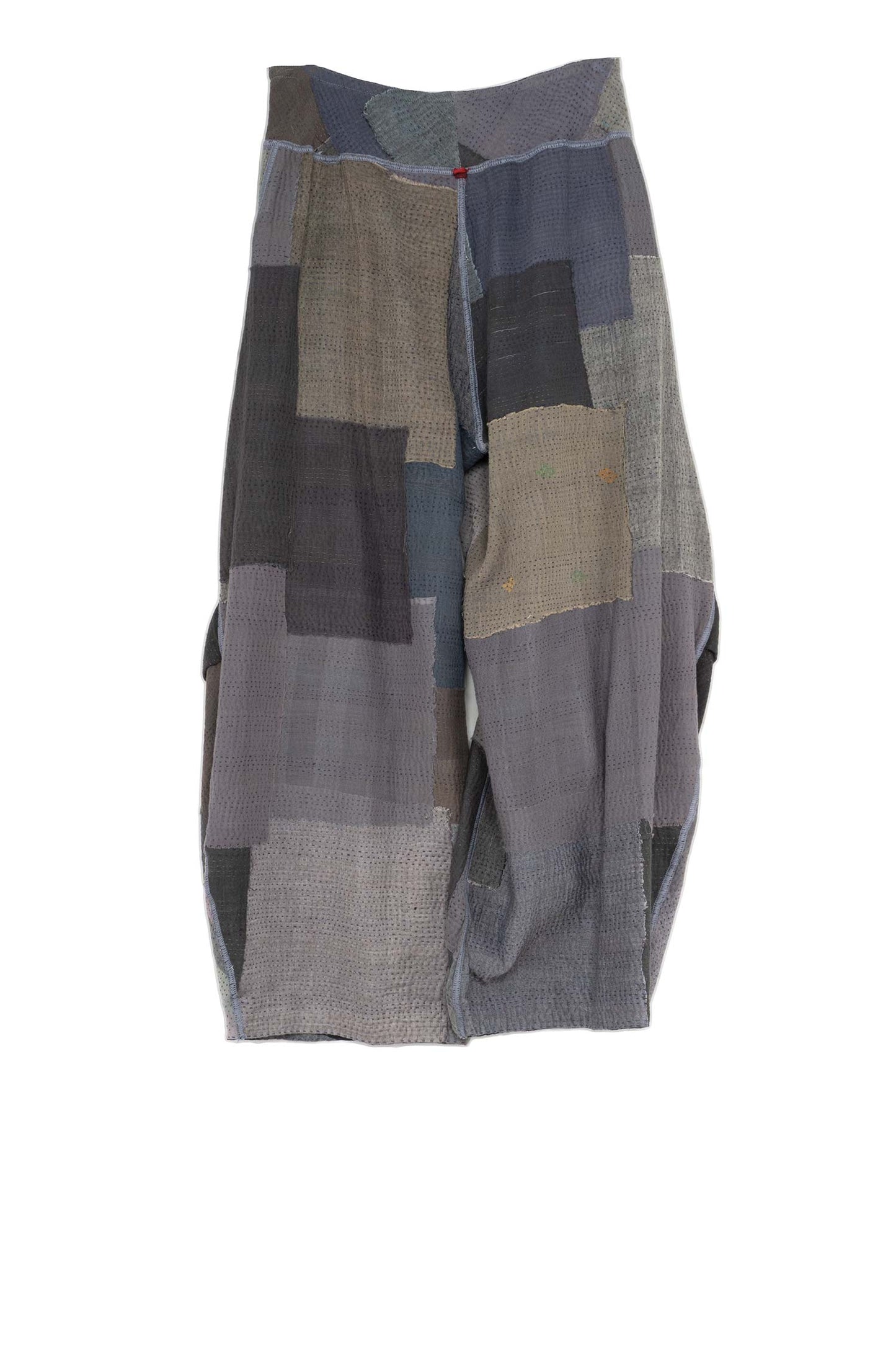 WOVEN STRIPE FRAYED PATCH BACK KANTHA KNEE TUCKED PANTS - wp2625-gry -