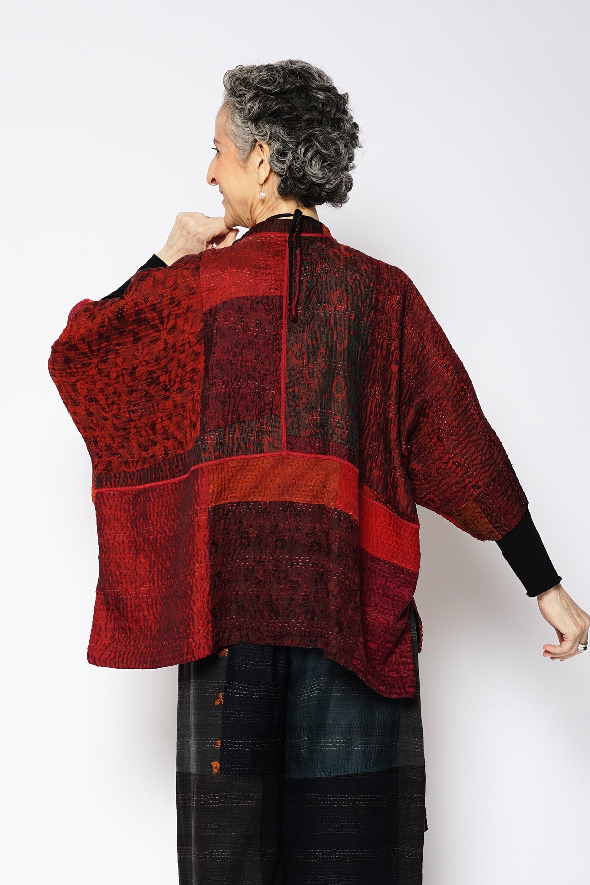 JACQUARD SILK KANTHA BAND COLLAR DOLMAN TOP - js4t101-mar -