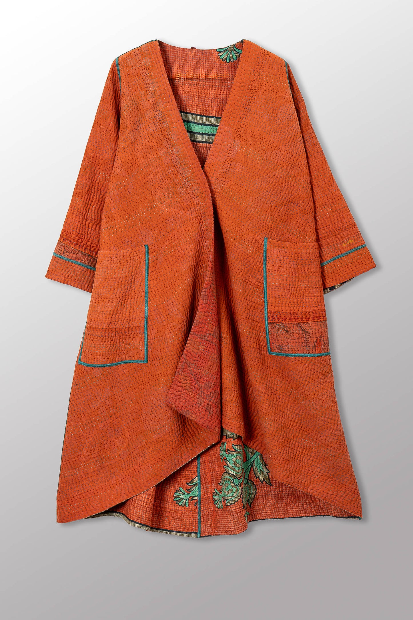 COTTON OVERDYE KANTHA WRAP FLARE COAT - ov4330-corg001a -