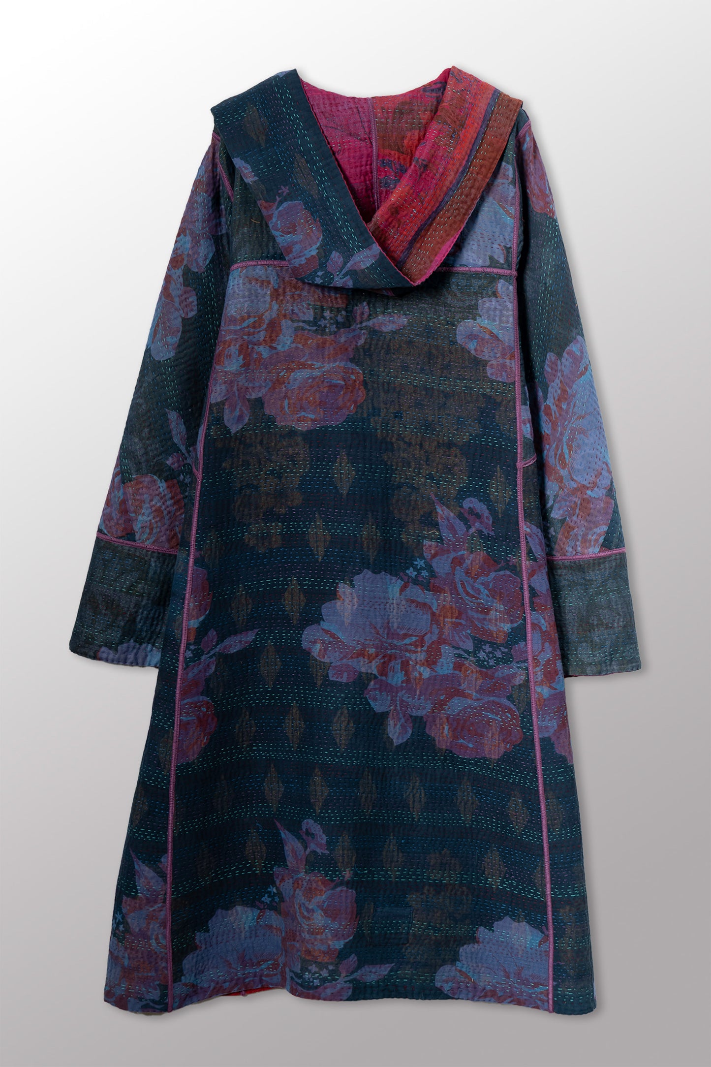 COTTON OVERDYE KANTHA HOODED A-LINE LONG COAT - ov4306-cfus001a -