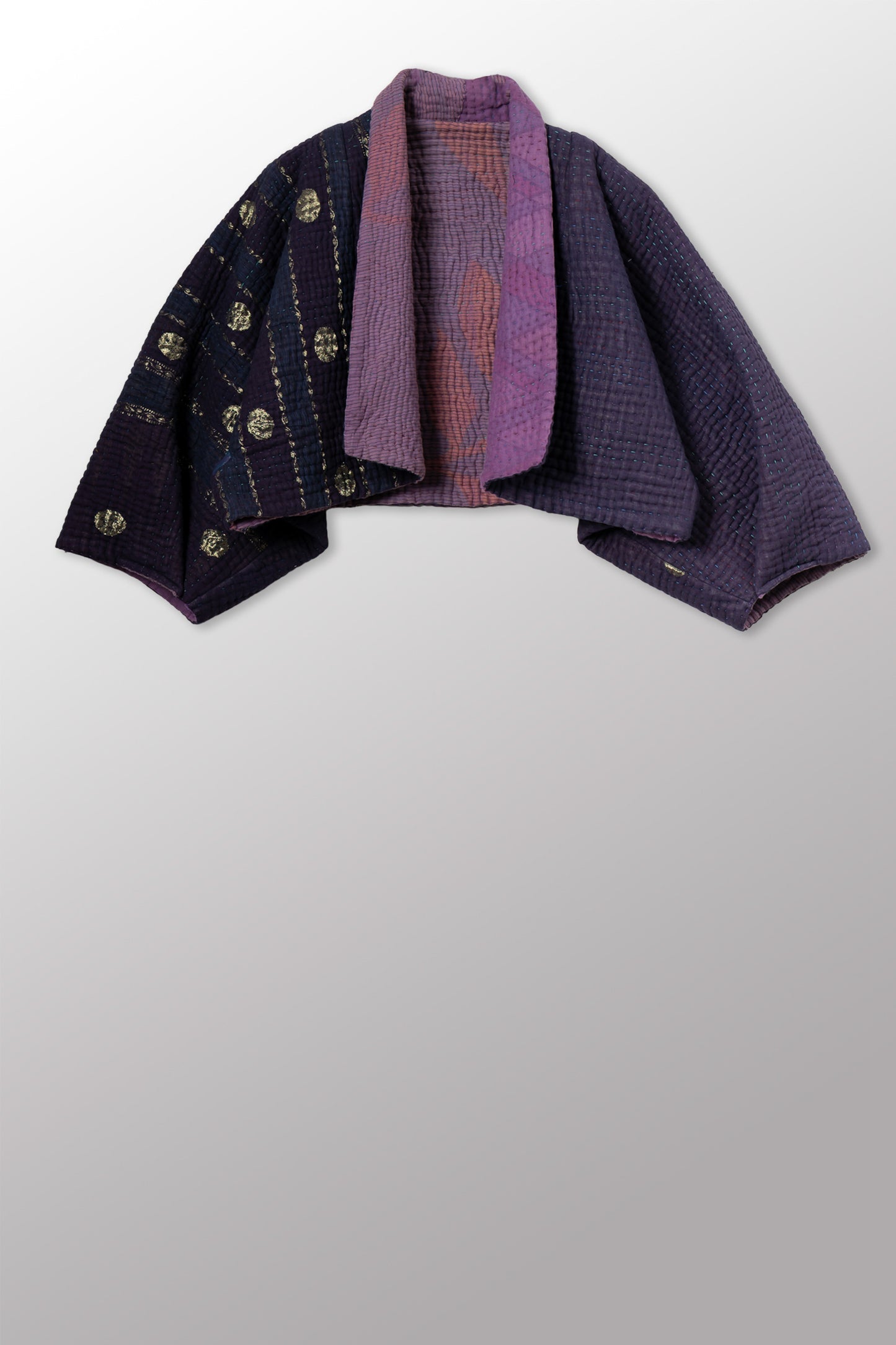 QUILTED OVERDYE COTTON KANTHA PUFF SLV. SHRUG - oq5062-cblu002a -