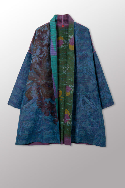 VINTAGE SILK GEORGETTE COTTON KANTHA HAORI JACKET - gc4068-0007a -